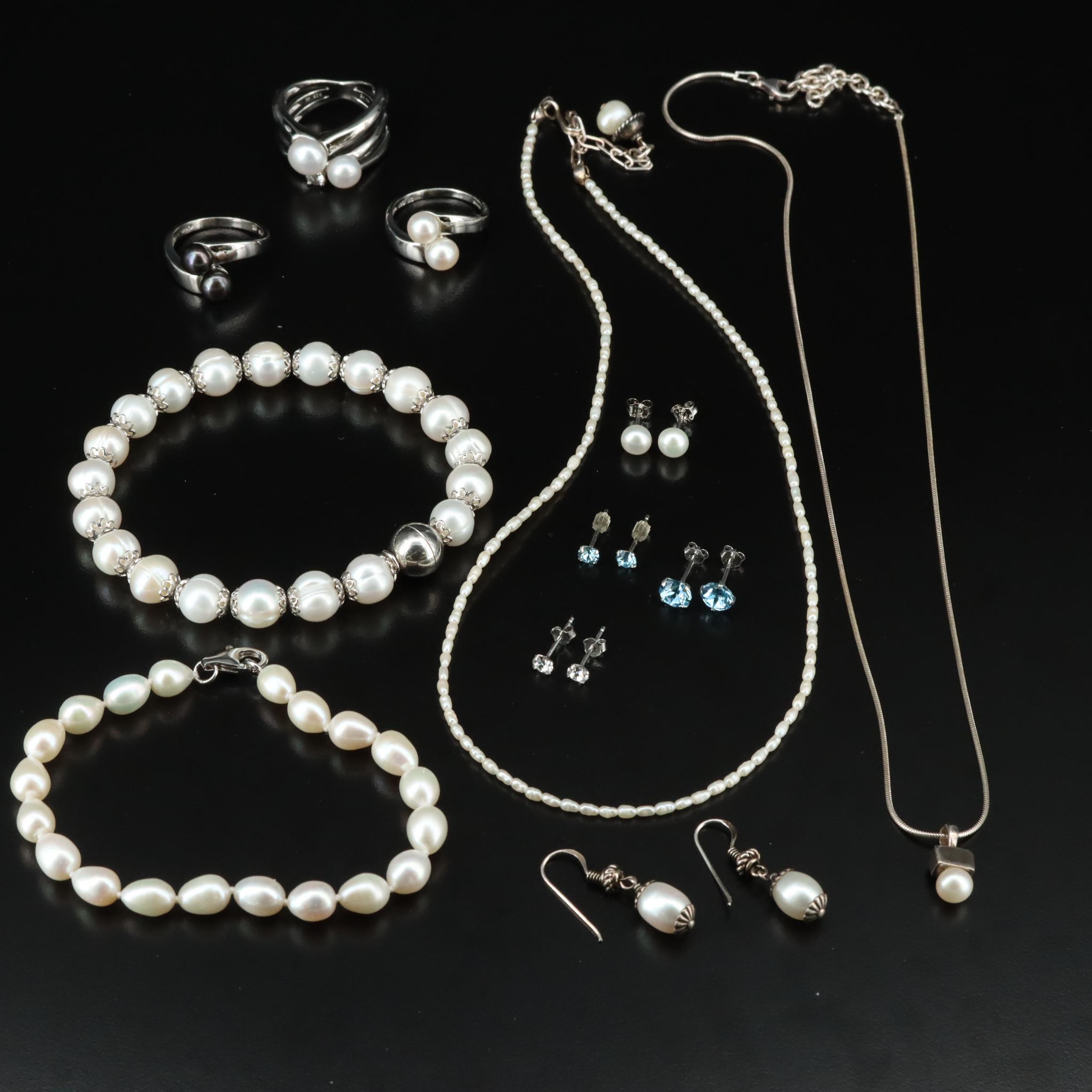 Sterling Jewelry Collection Including Pearl, White Topaz and Rhinestone
