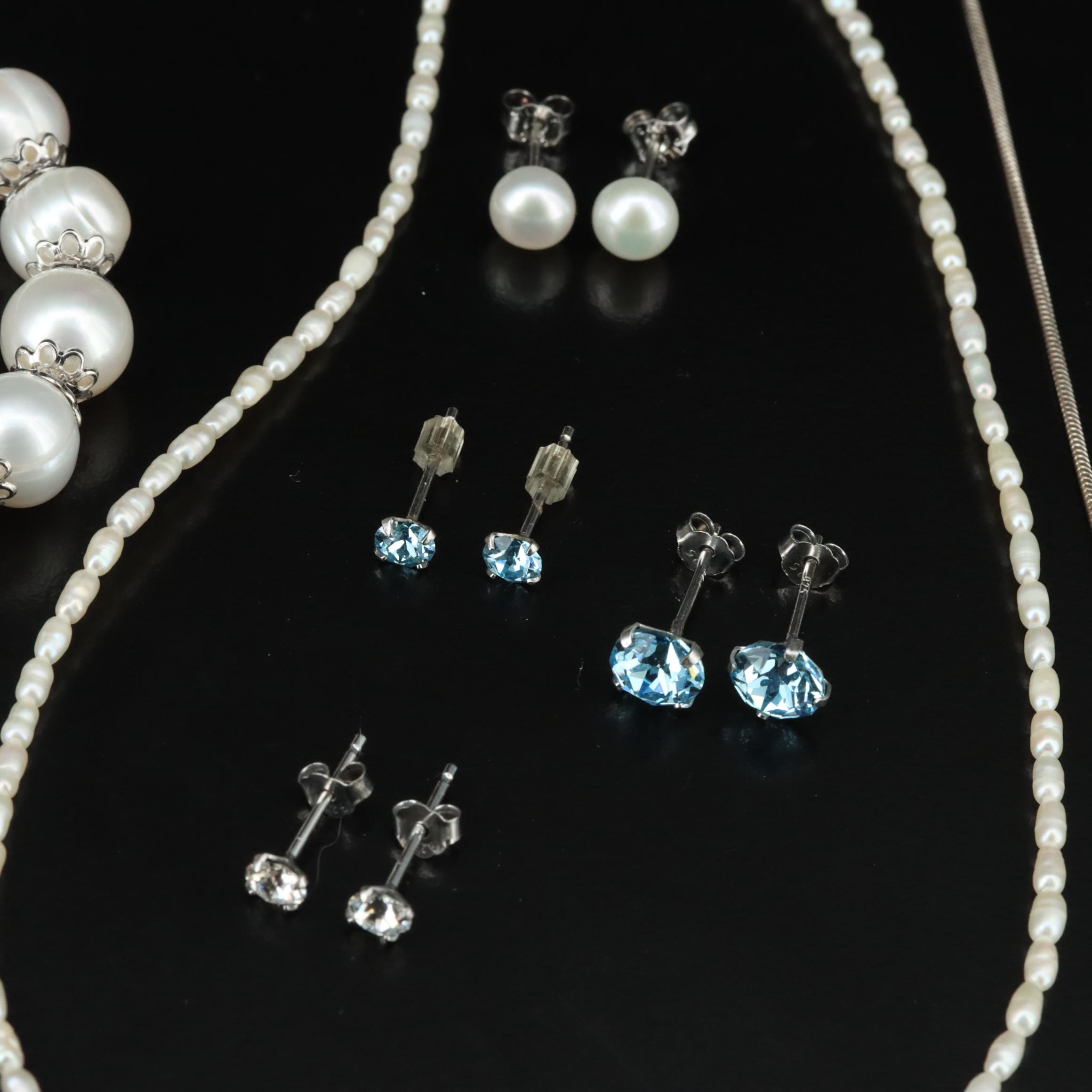 Sterling Jewelry Collection Including Pearl, White Topaz and Rhinestone