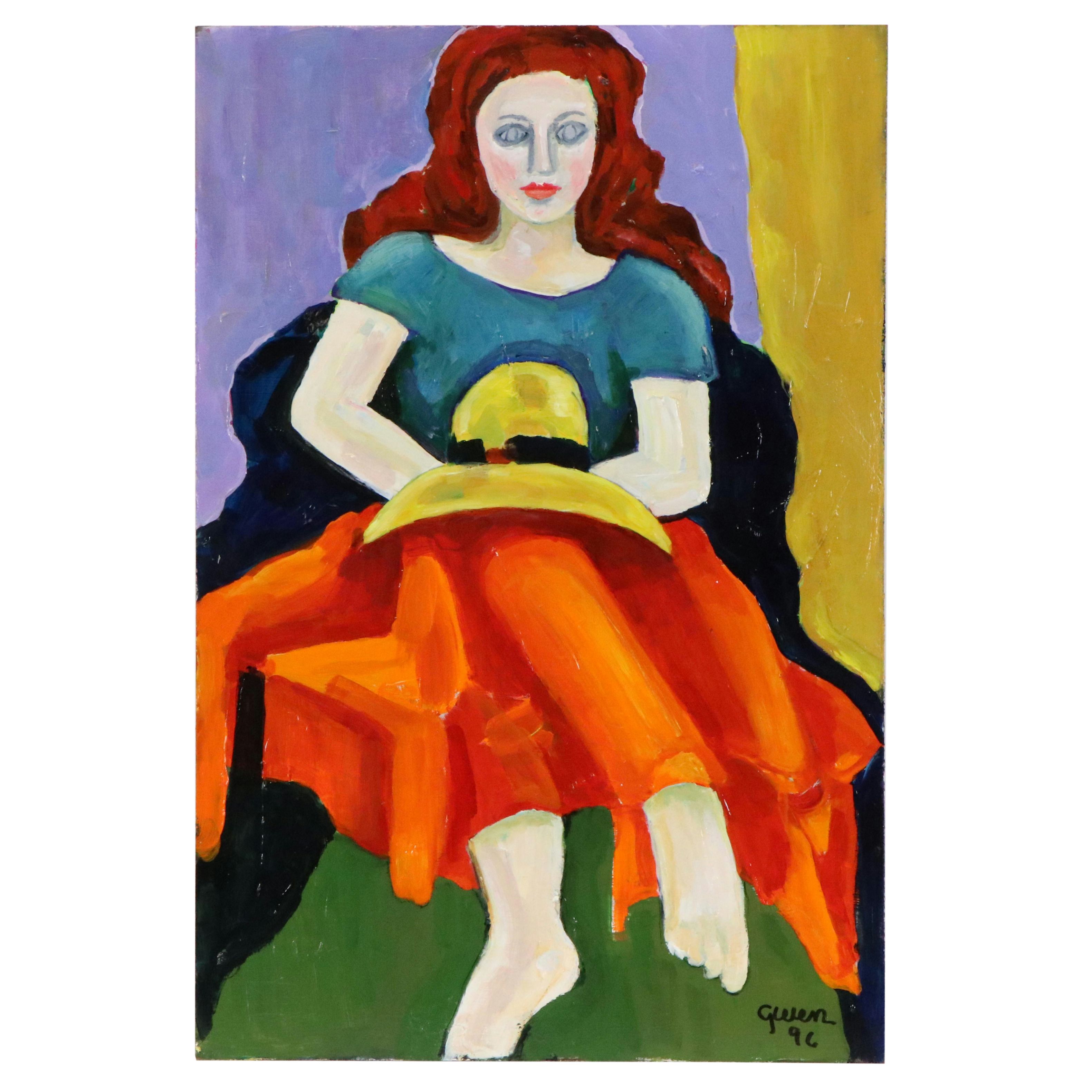 Gwen Doppler Portrait Acrylic Painting of Seated Woman, 1996