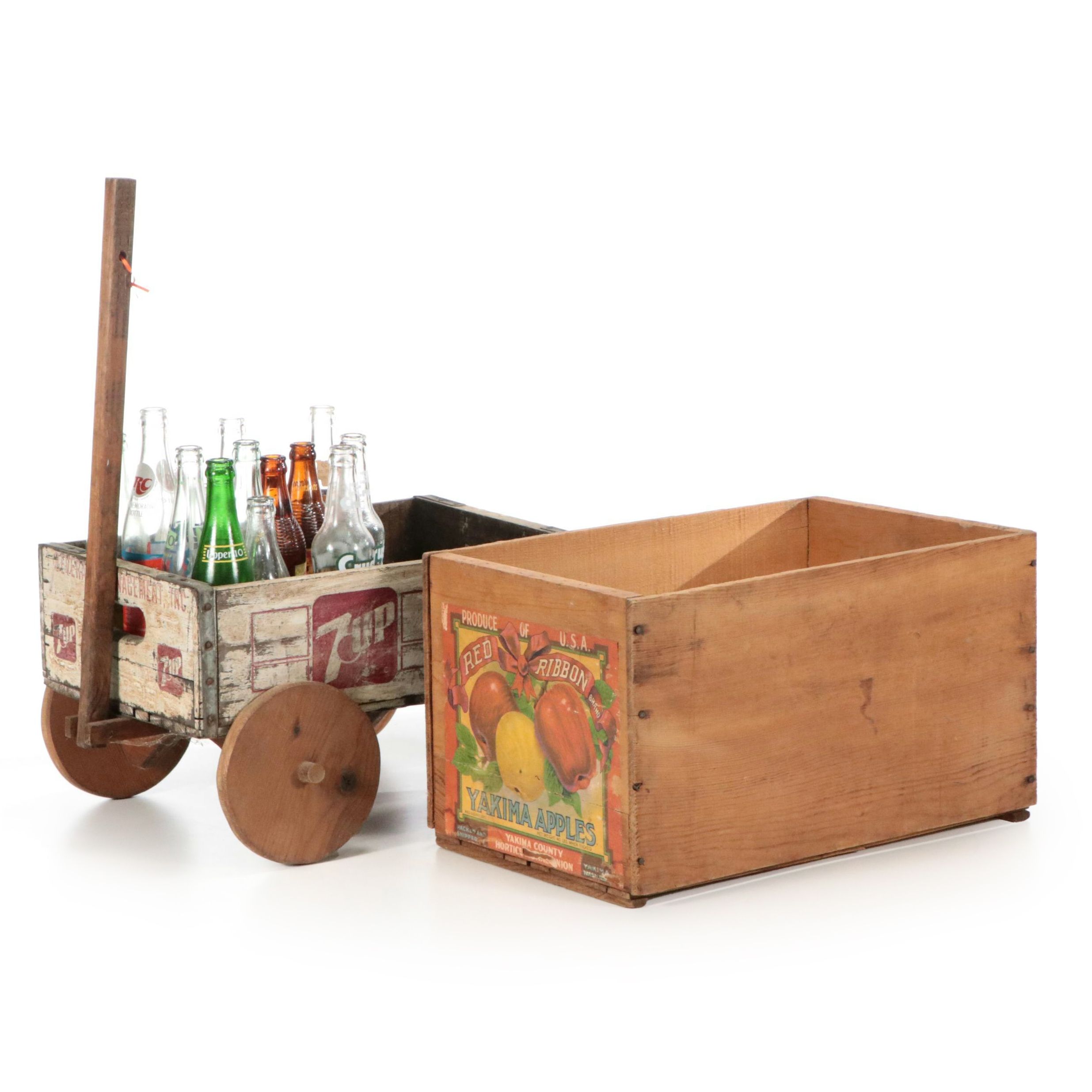 Red Ribbon Yakima Apples Cate, 7UP Wagon Crate with Bottles