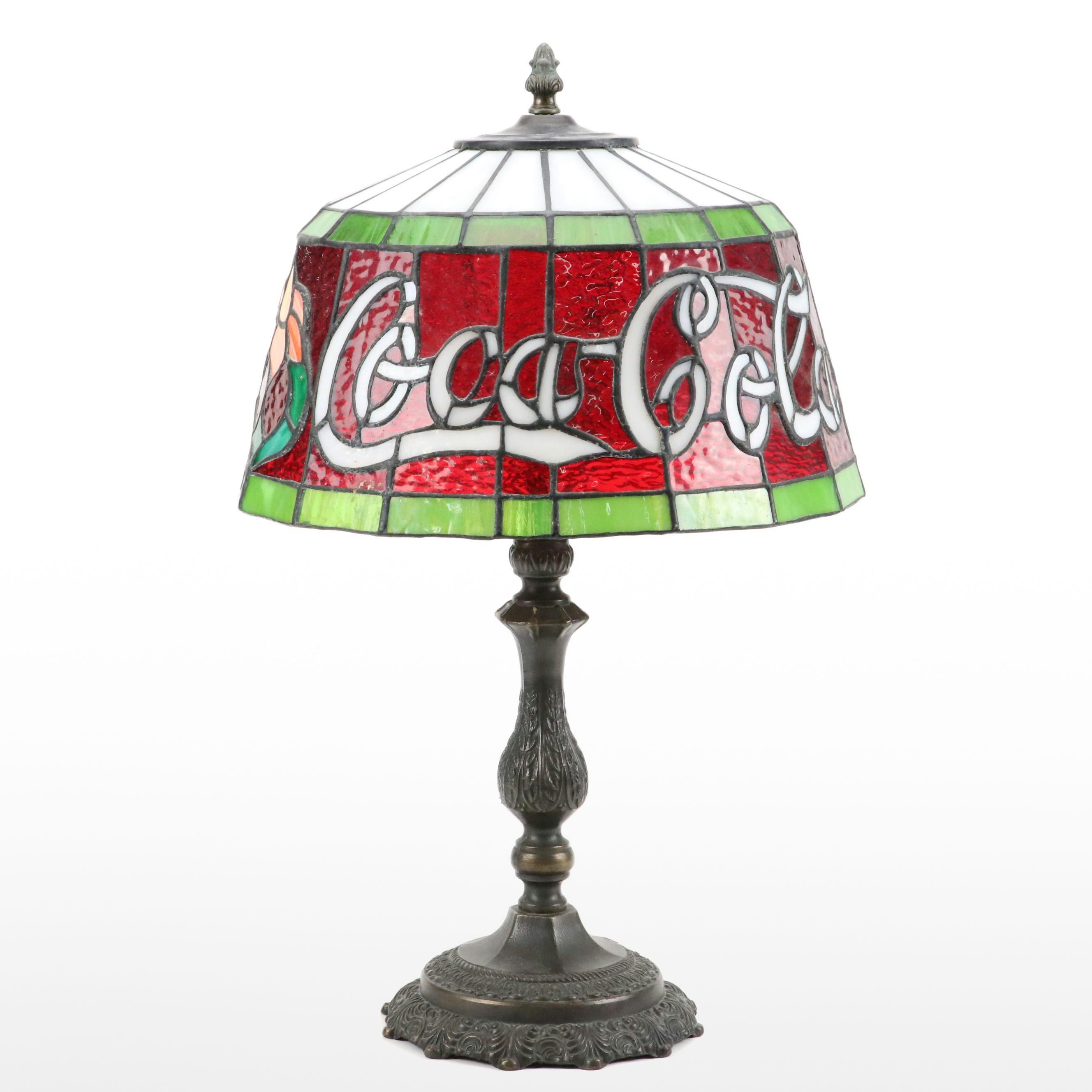 Coca-Cola Stained Glass and Pressed Metal Table Lamp, Mid to Late 20th Century