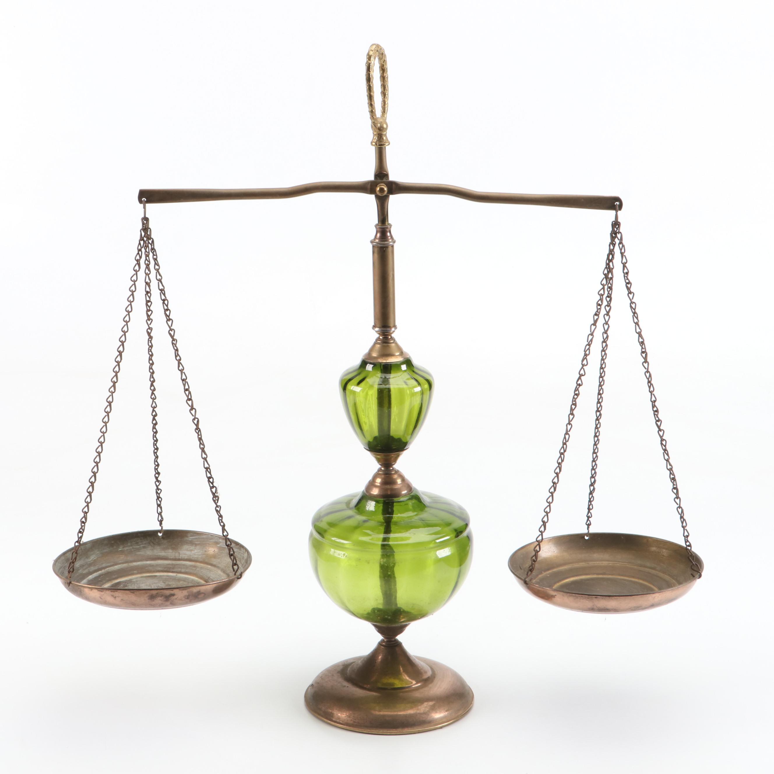 Laurel Leaf Motif Metal and Green Glass Balance Scale