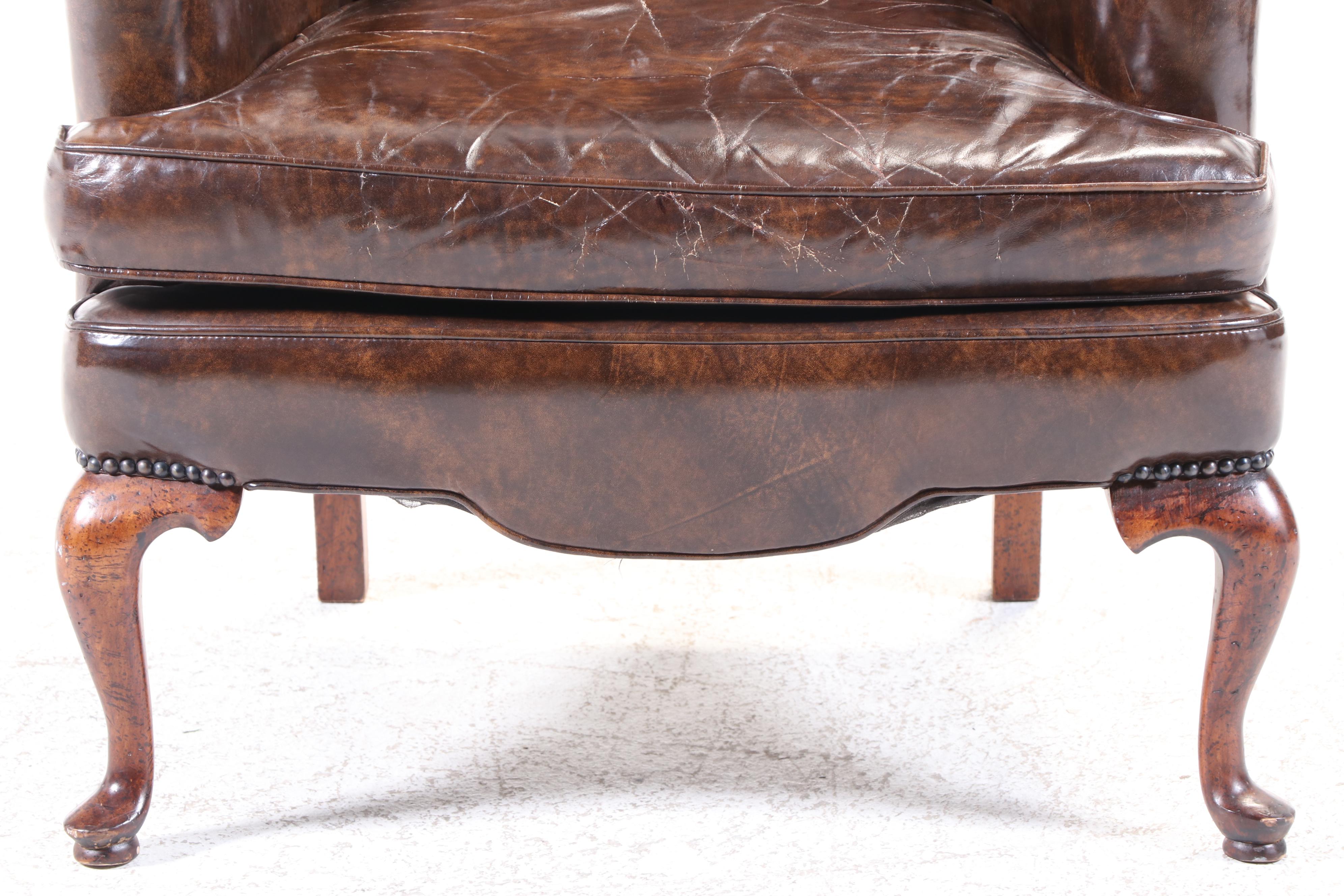 Montgomery Furniture Co. Queen Anne Style Brown Leather Wingback Armchair