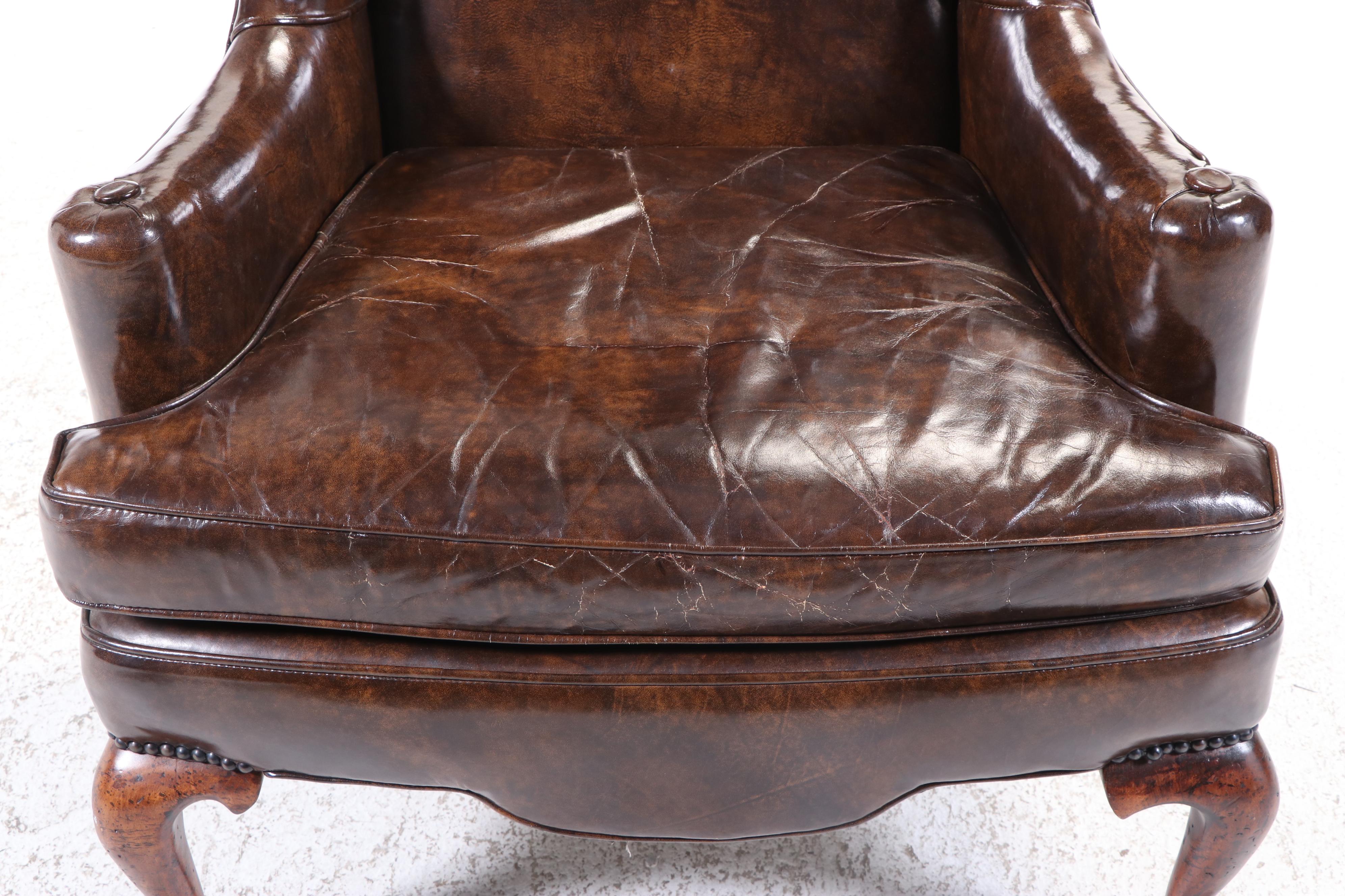 Montgomery Furniture Co. Queen Anne Style Brown Leather Wingback Armchair