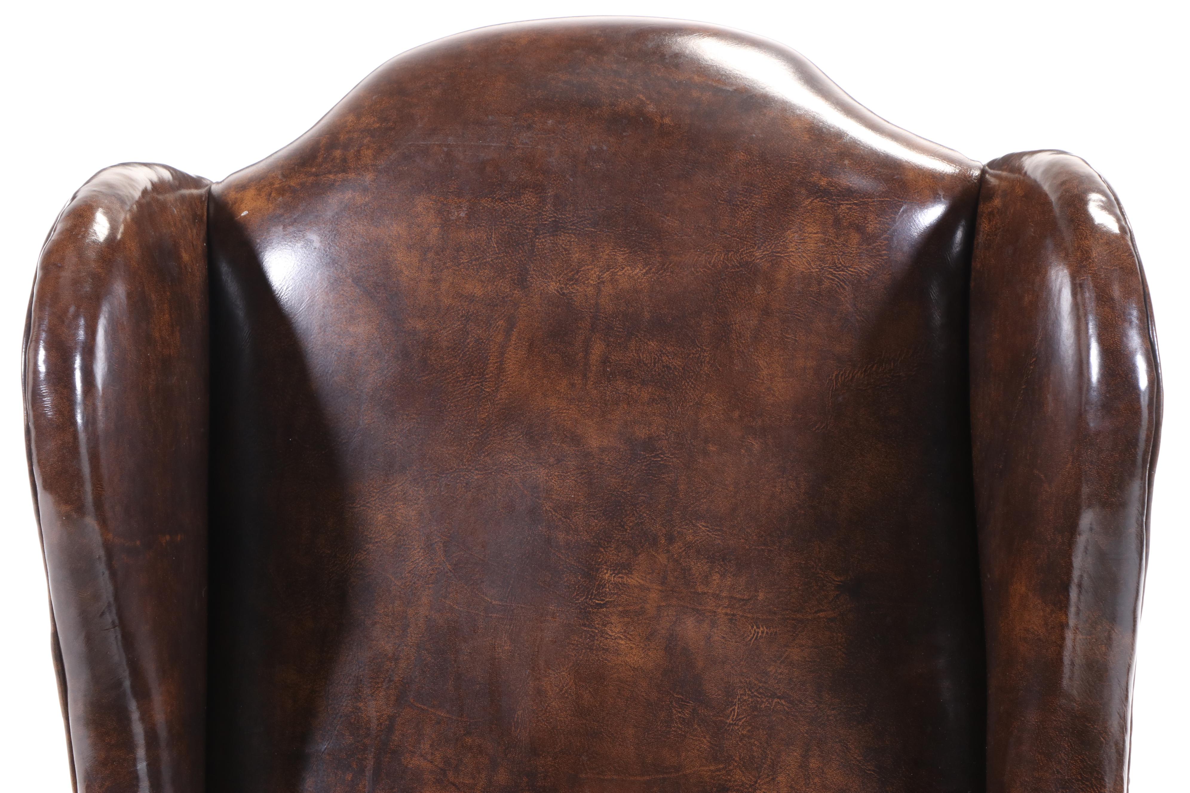 Montgomery Furniture Co. Queen Anne Style Brown Leather Wingback Armchair