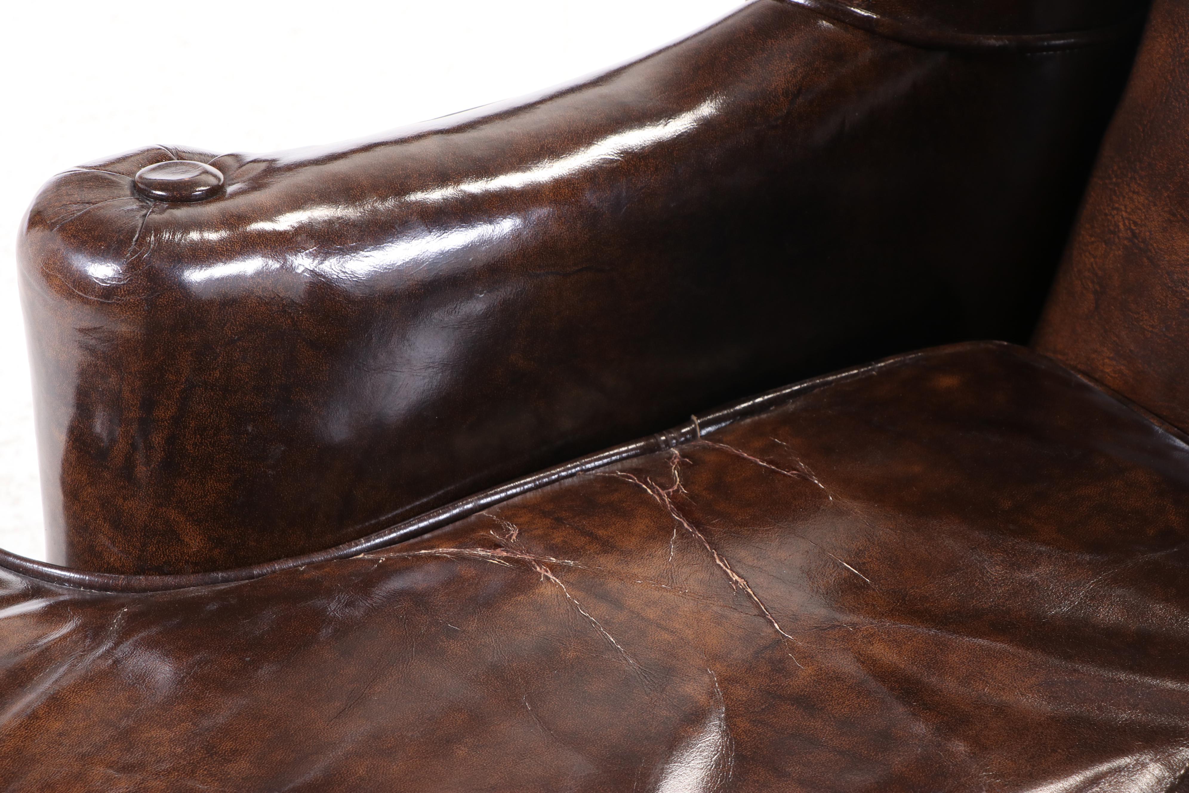 Montgomery Furniture Co. Queen Anne Style Brown Leather Wingback Armchair