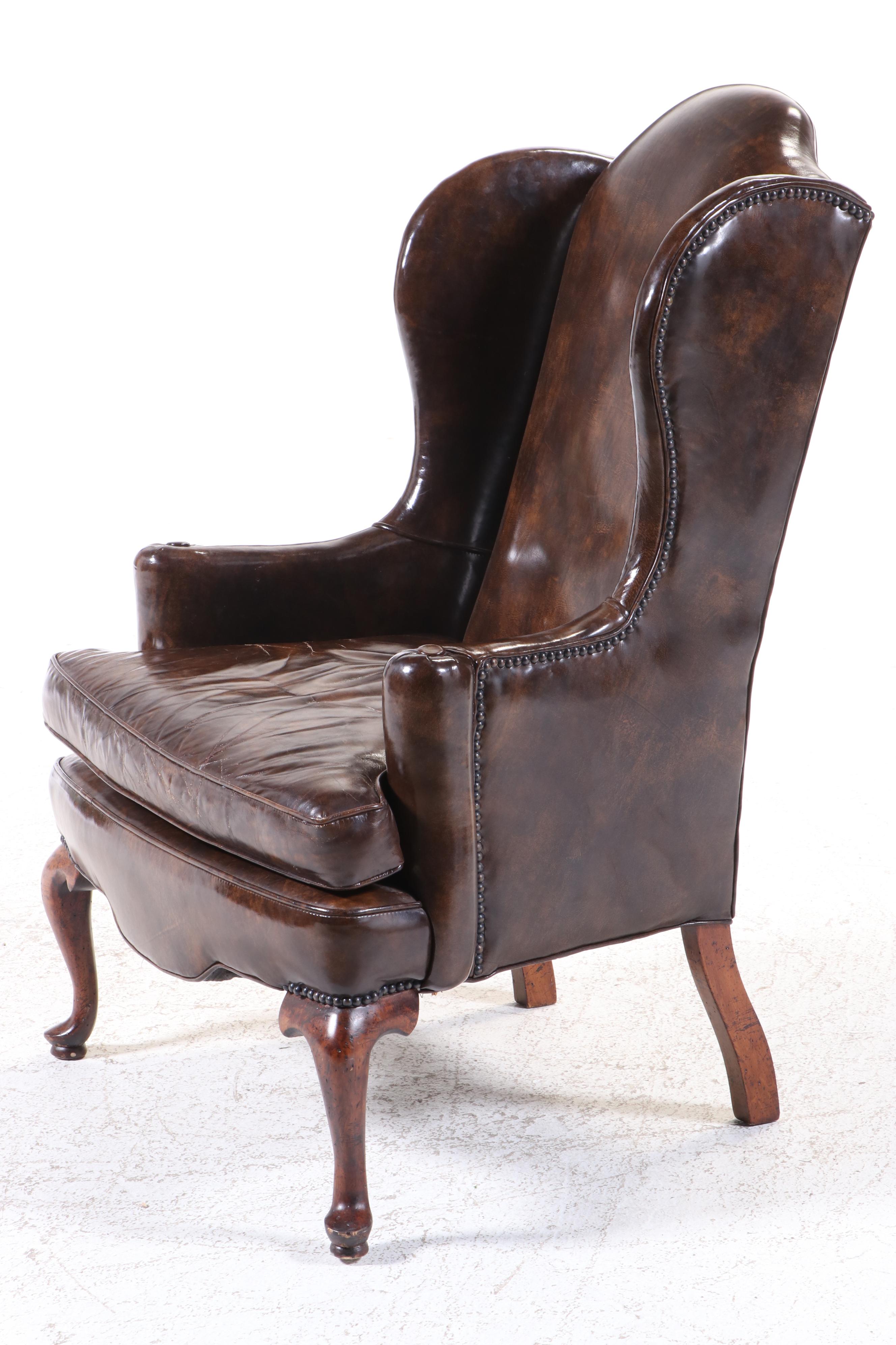 Montgomery Furniture Co. Queen Anne Style Brown Leather Wingback Armchair