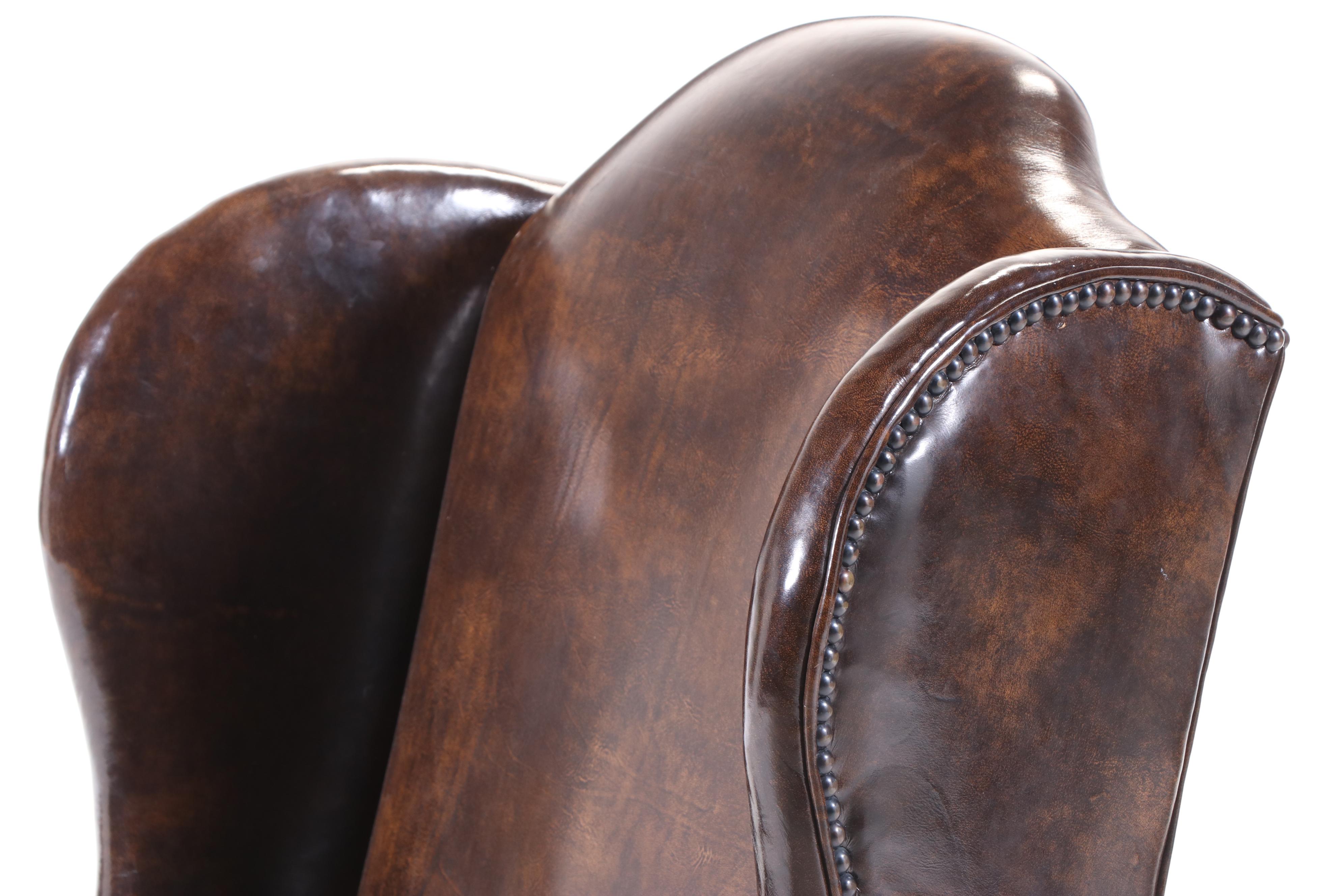 Montgomery Furniture Co. Queen Anne Style Brown Leather Wingback Armchair