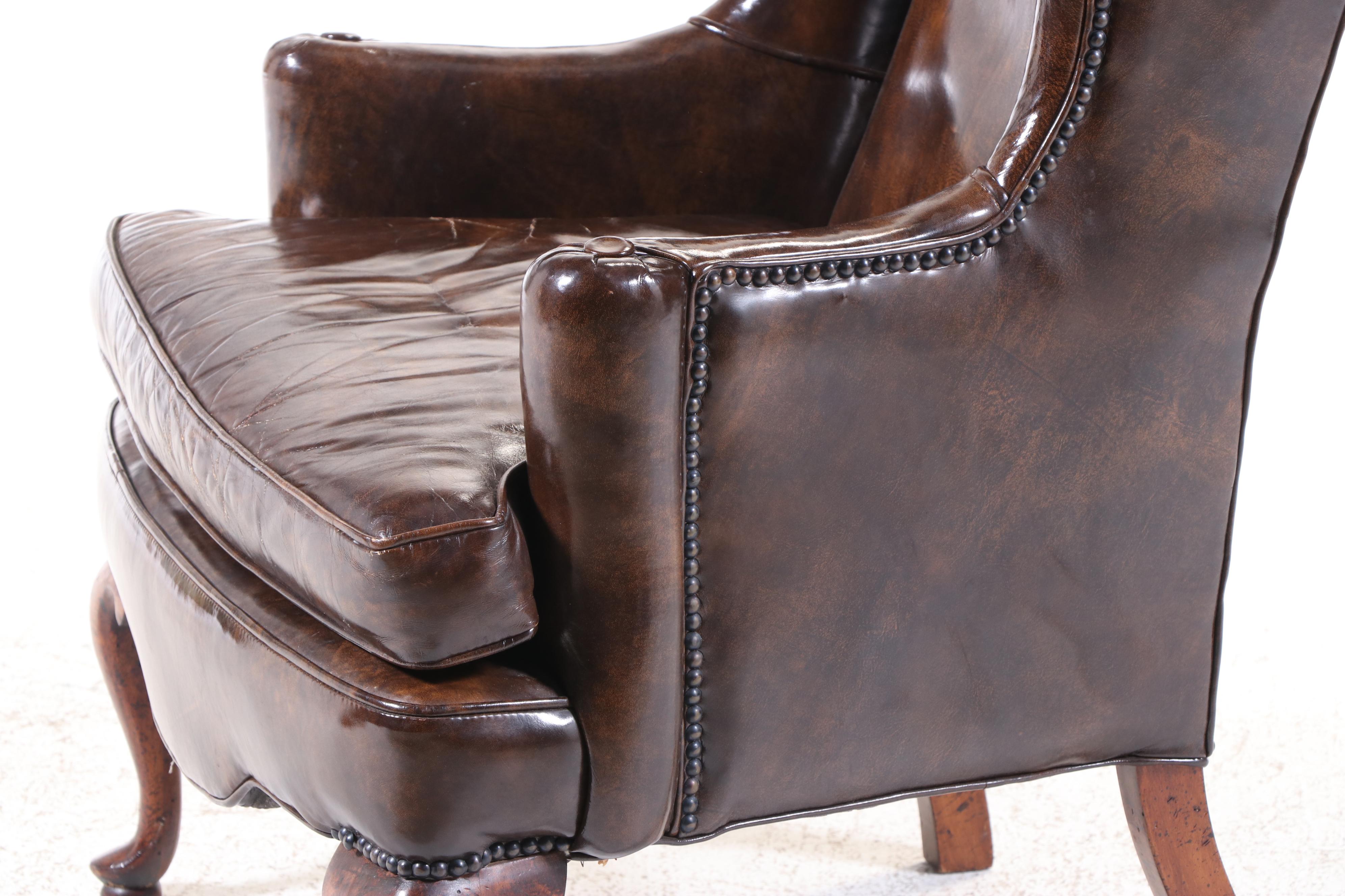 Montgomery Furniture Co. Queen Anne Style Brown Leather Wingback Armchair