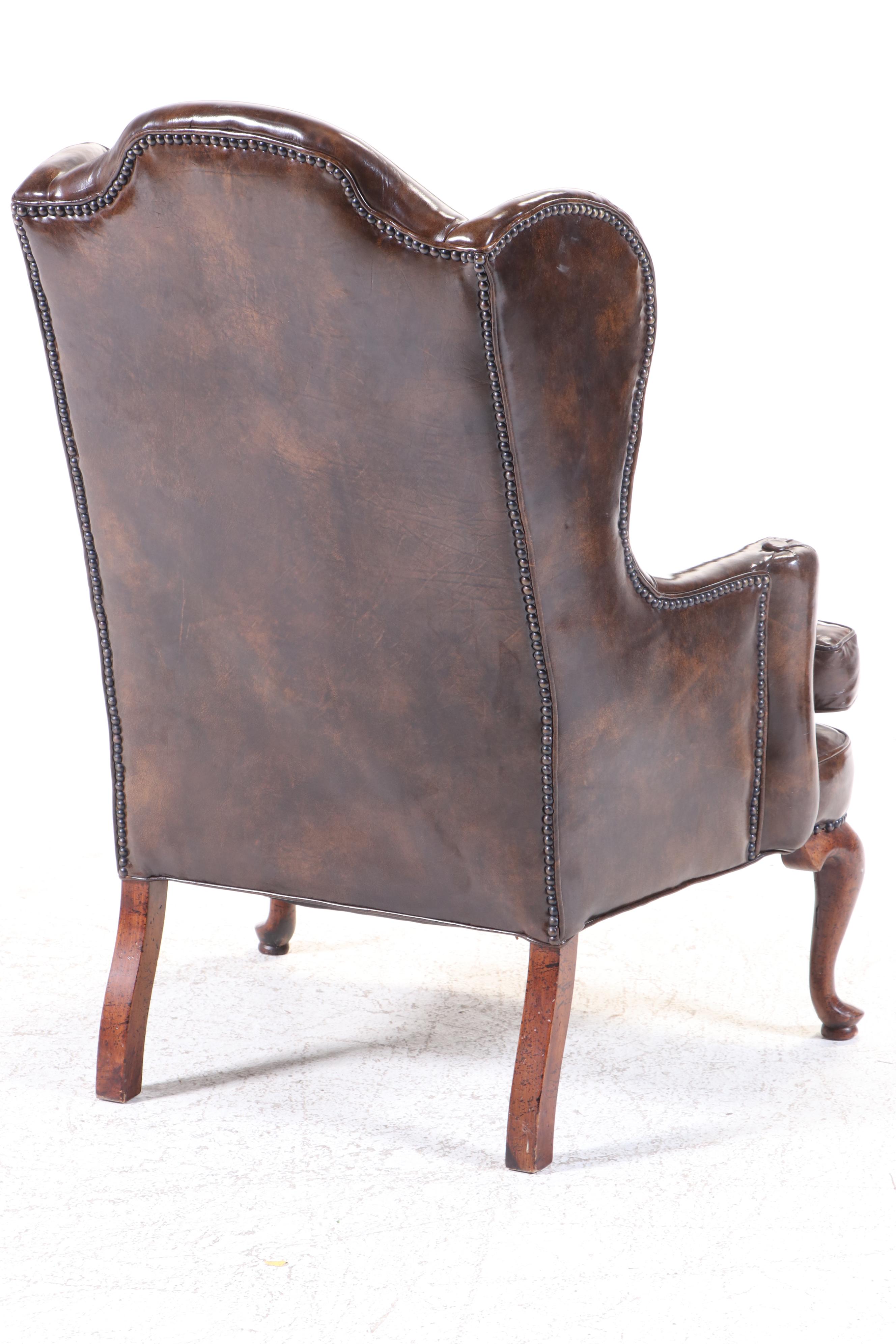 Montgomery Furniture Co. Queen Anne Style Brown Leather Wingback Armchair