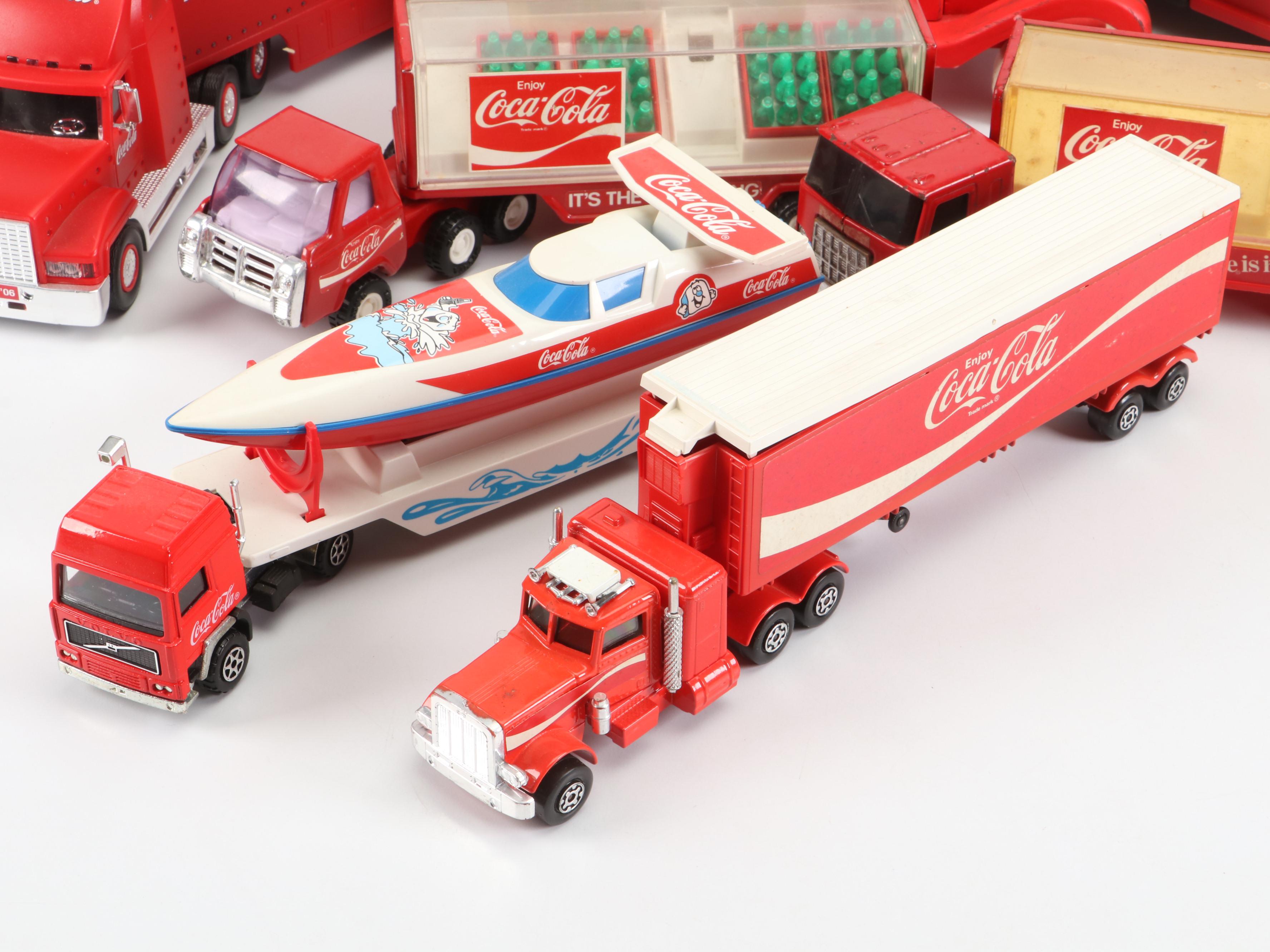 Coca-Cola Diecast Semi-Trucks, Delivery Trucks, Speedboat and Painted Wood Truck