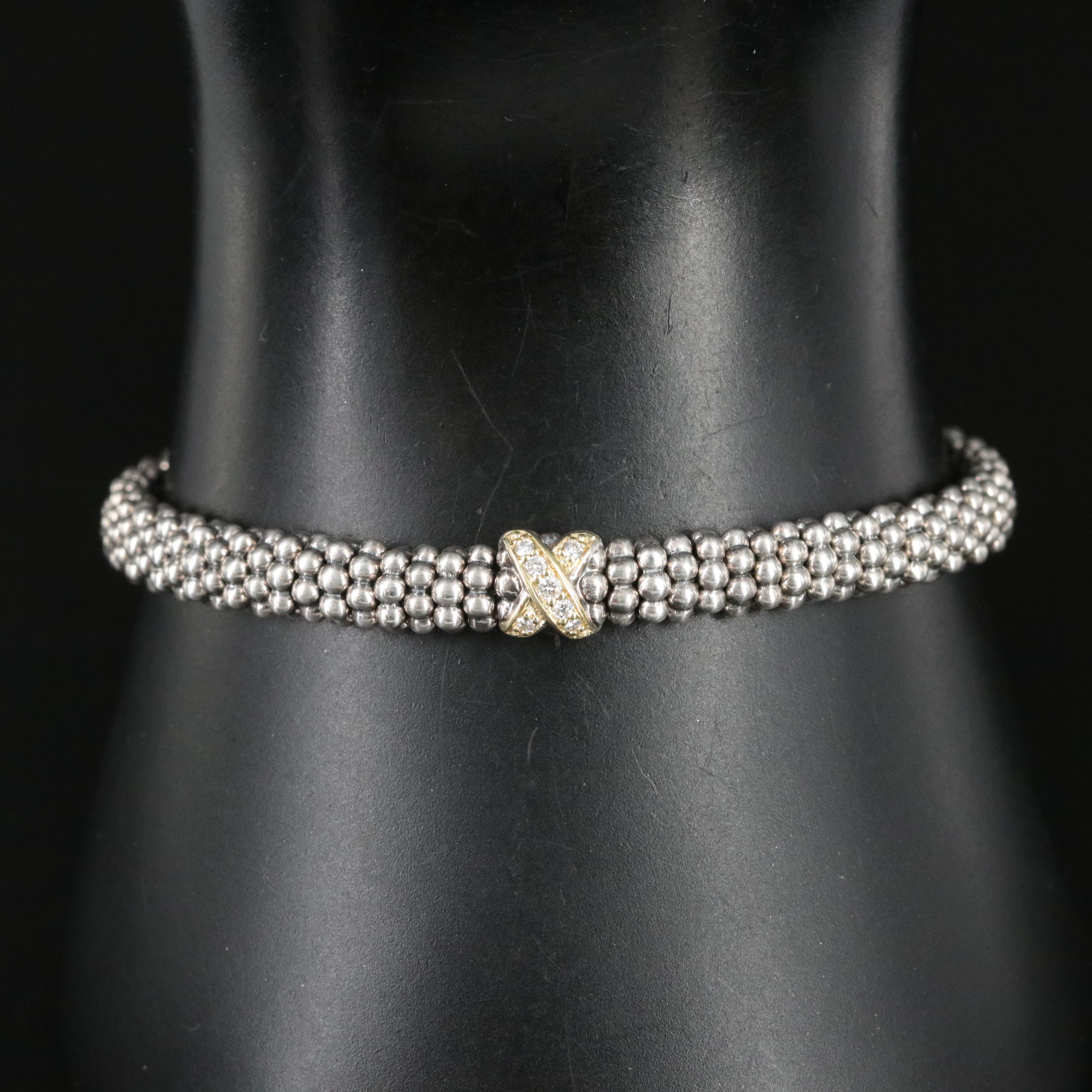 Lagos Embrace Sterling and 18K X Station Caviar Bracelet with Diamond Accents