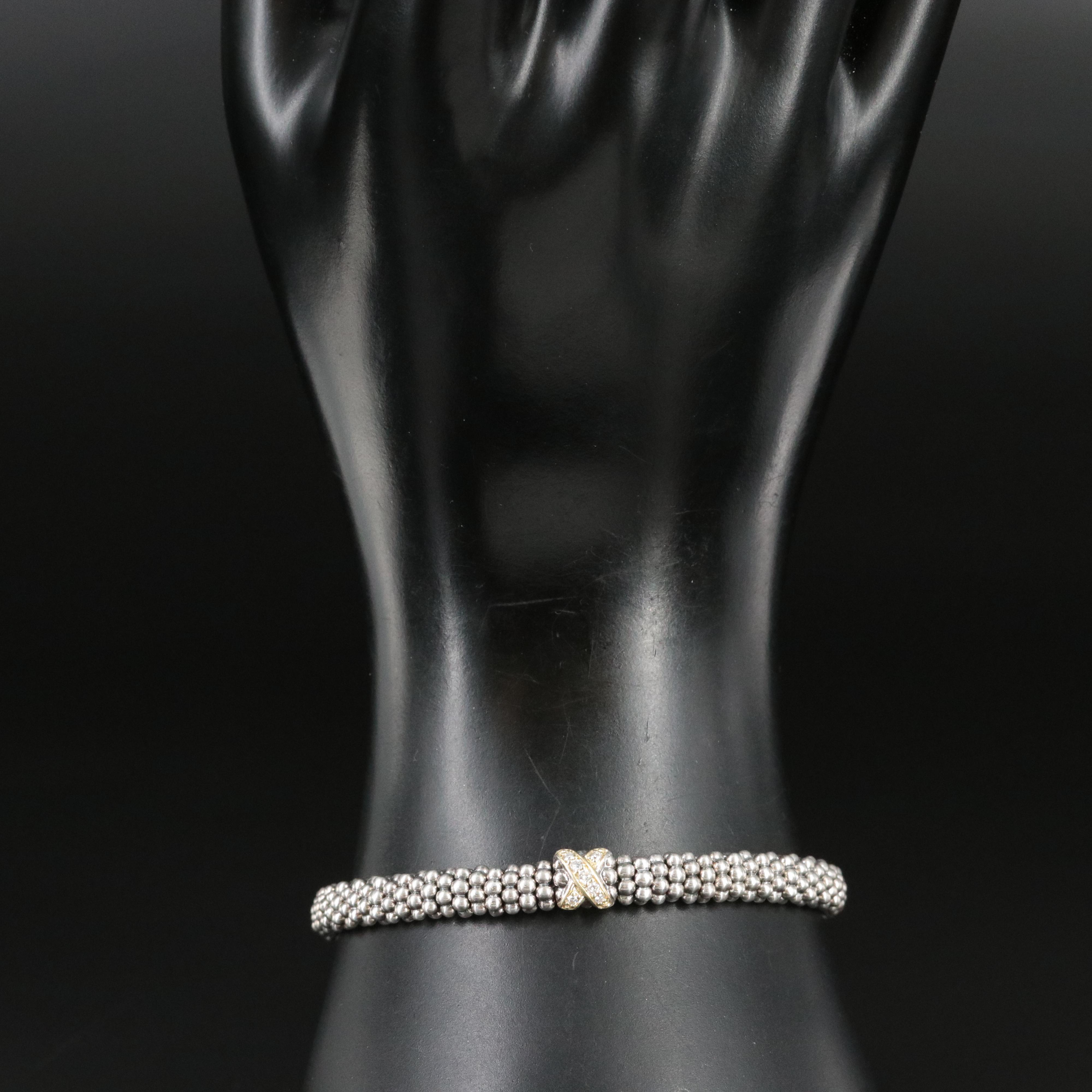 Lagos Embrace Sterling and 18K X Station Caviar Bracelet with Diamond Accents