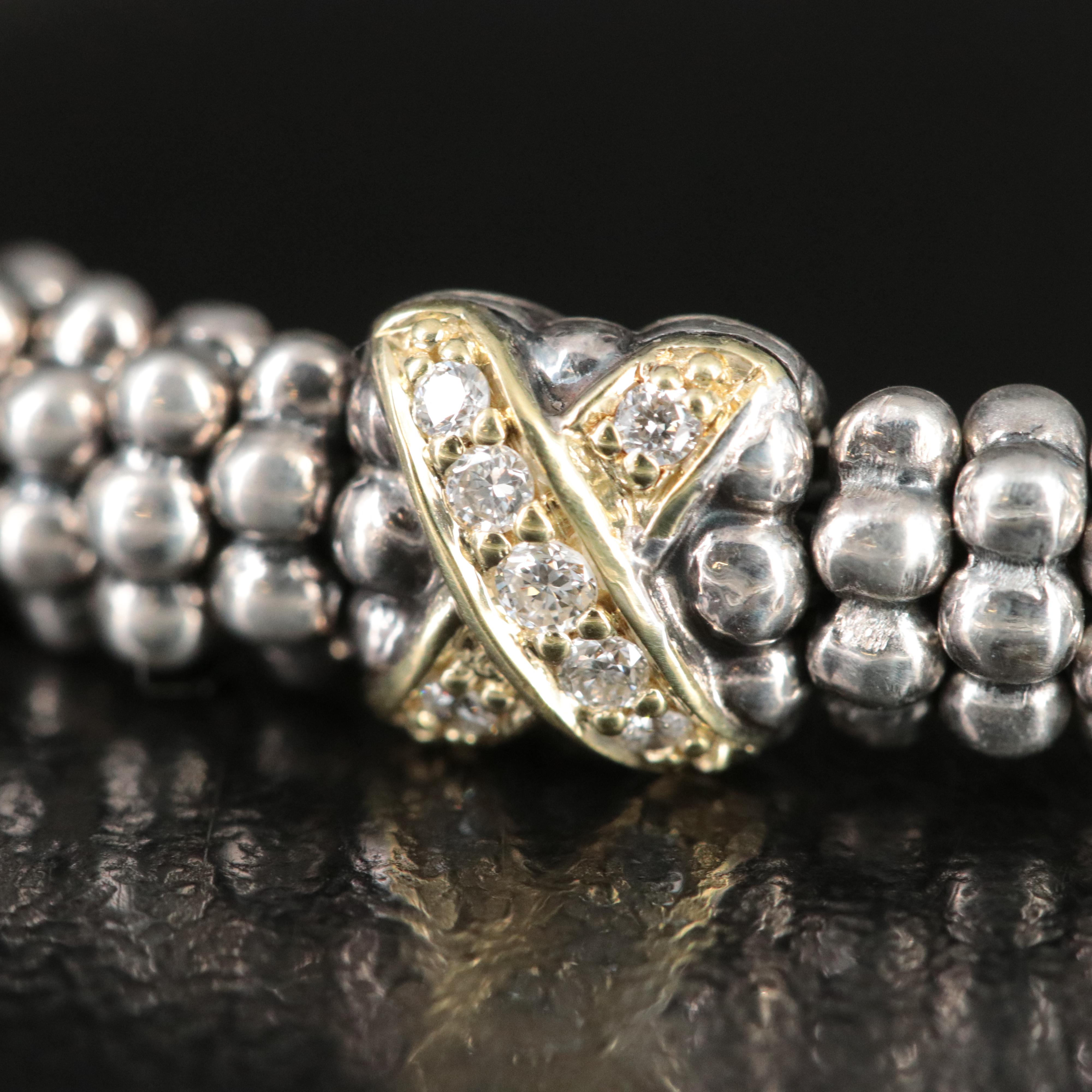 Lagos Embrace Sterling and 18K X Station Caviar Bracelet with Diamond Accents
