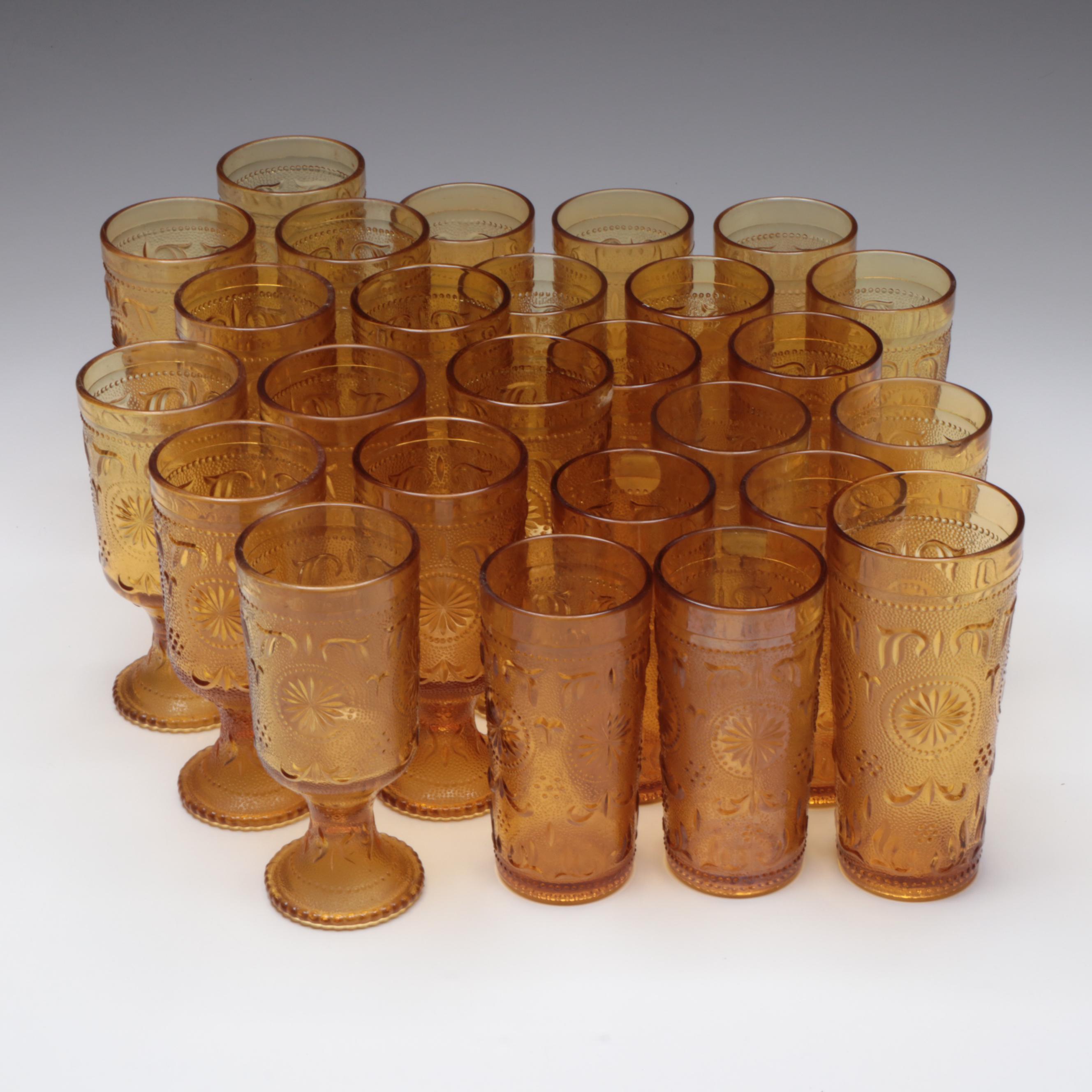 Brockway Glass Co. "American Concord Amber" Glass Water Goblets and Tumblers