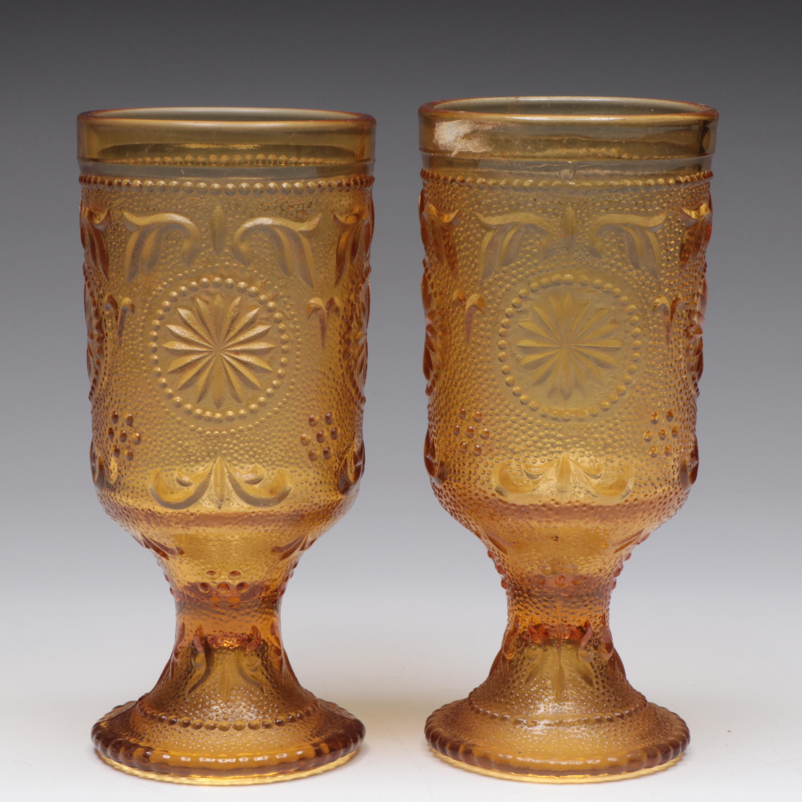 Brockway Glass Co. "American Concord Amber" Glass Water Goblets and Tumblers