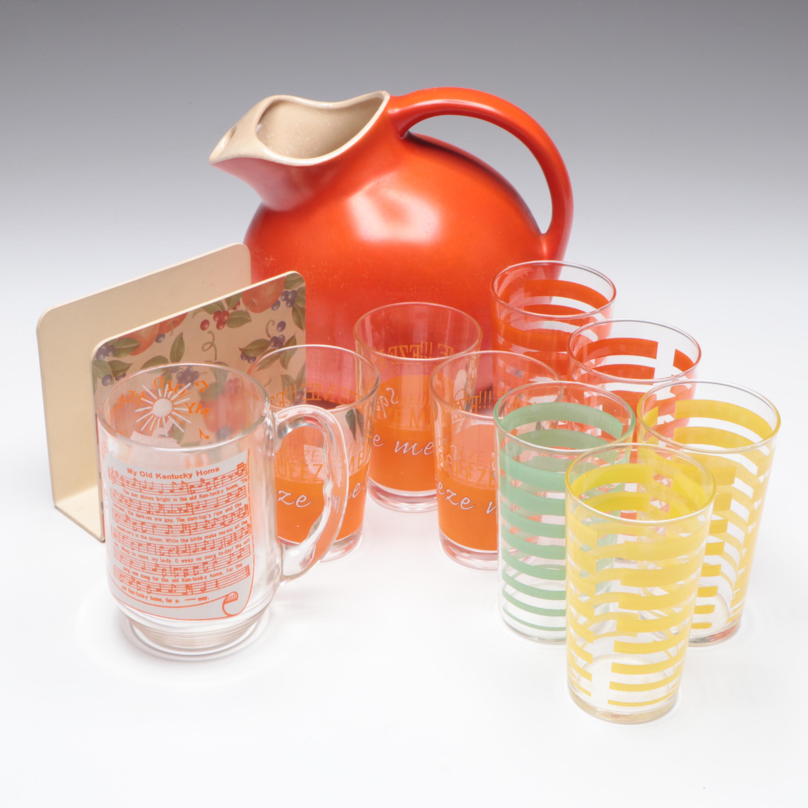 Mid Century Modern Ceramic Ball Jug with Other Glassware and Napkin Holder