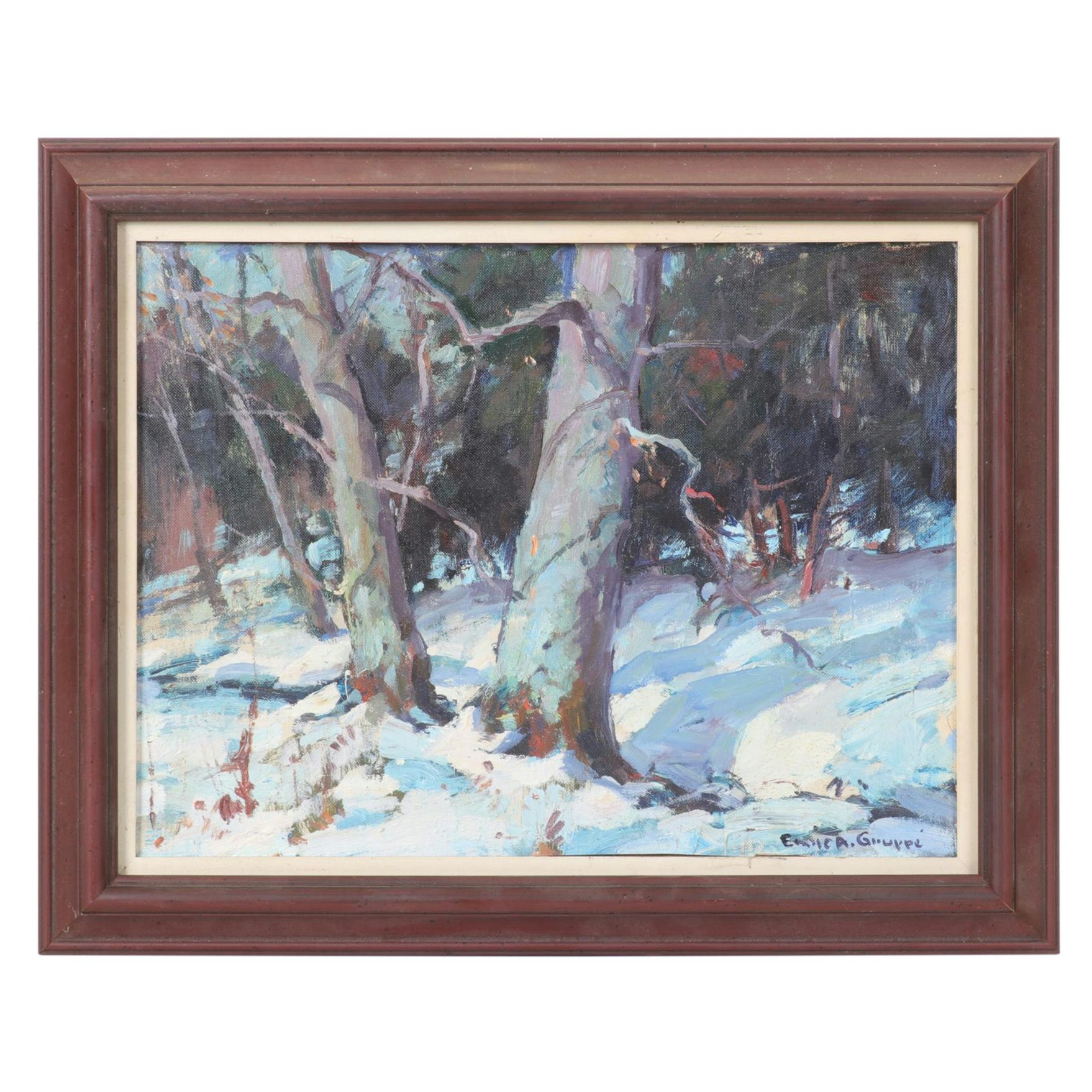 Emile Albert Gruppé Impressionistic Winter Landscape Oil Painting