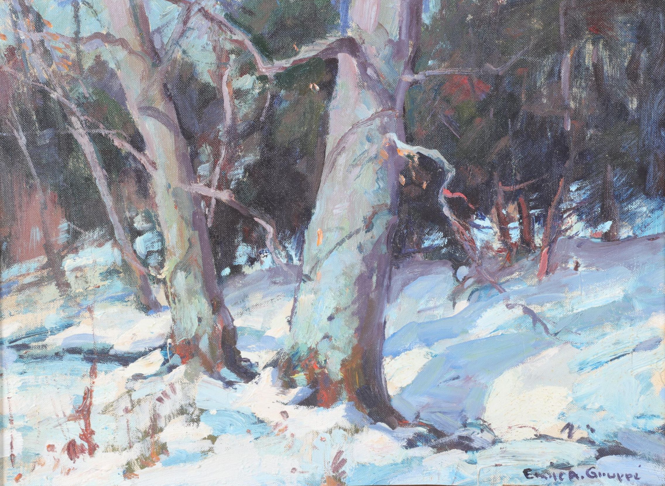 Emile Albert Gruppé Impressionistic Winter Landscape Oil Painting