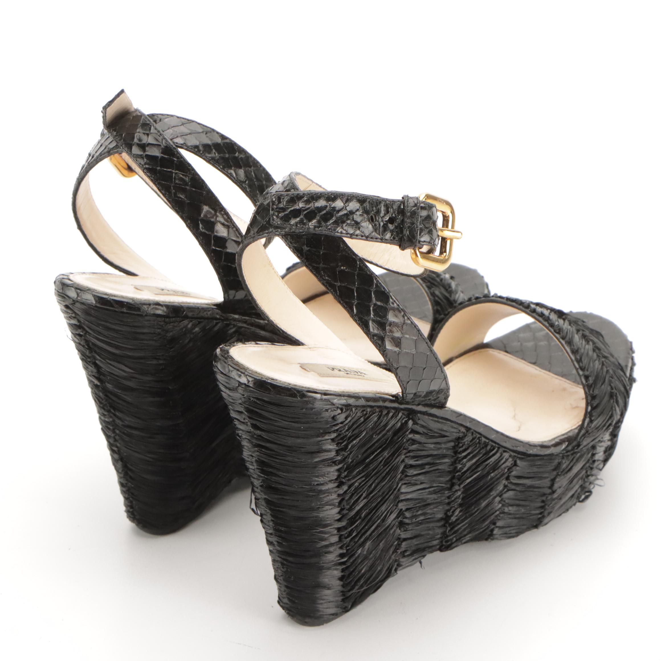 Prada Black Raffia and Snakeskin Leather Wedge Sandals in Box