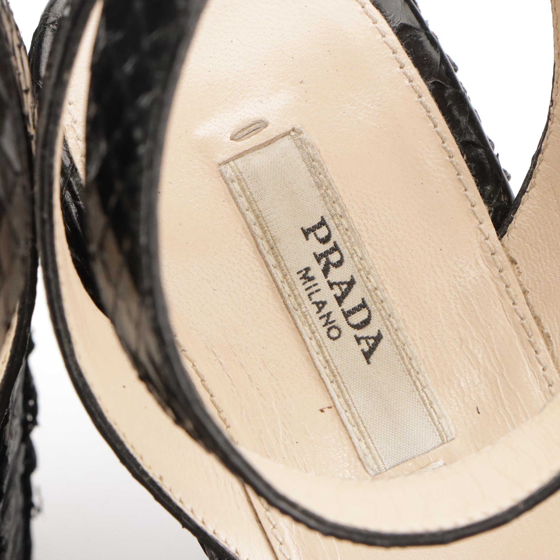 Prada Black Raffia and Snakeskin Leather Wedge Sandals in Box