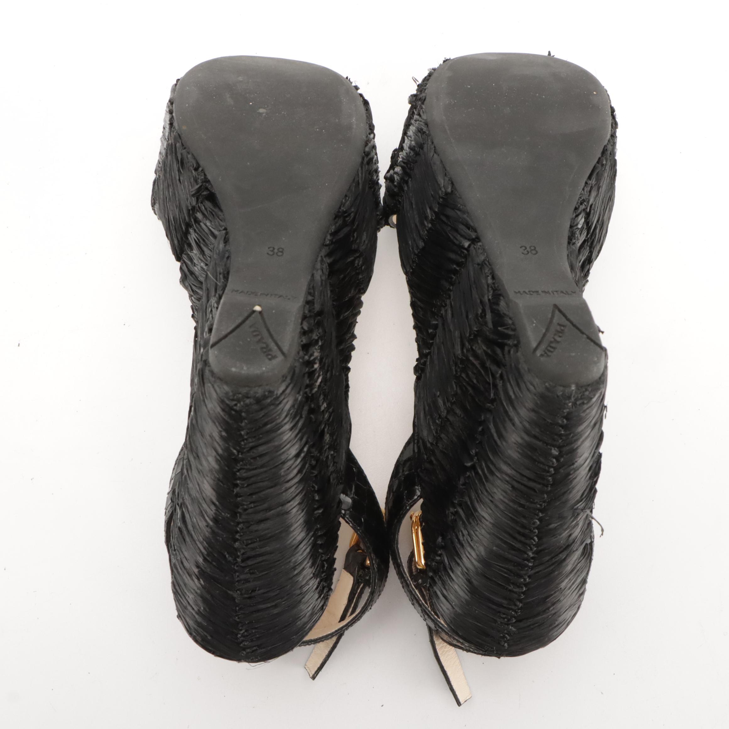 Prada Black Raffia and Snakeskin Leather Wedge Sandals in Box