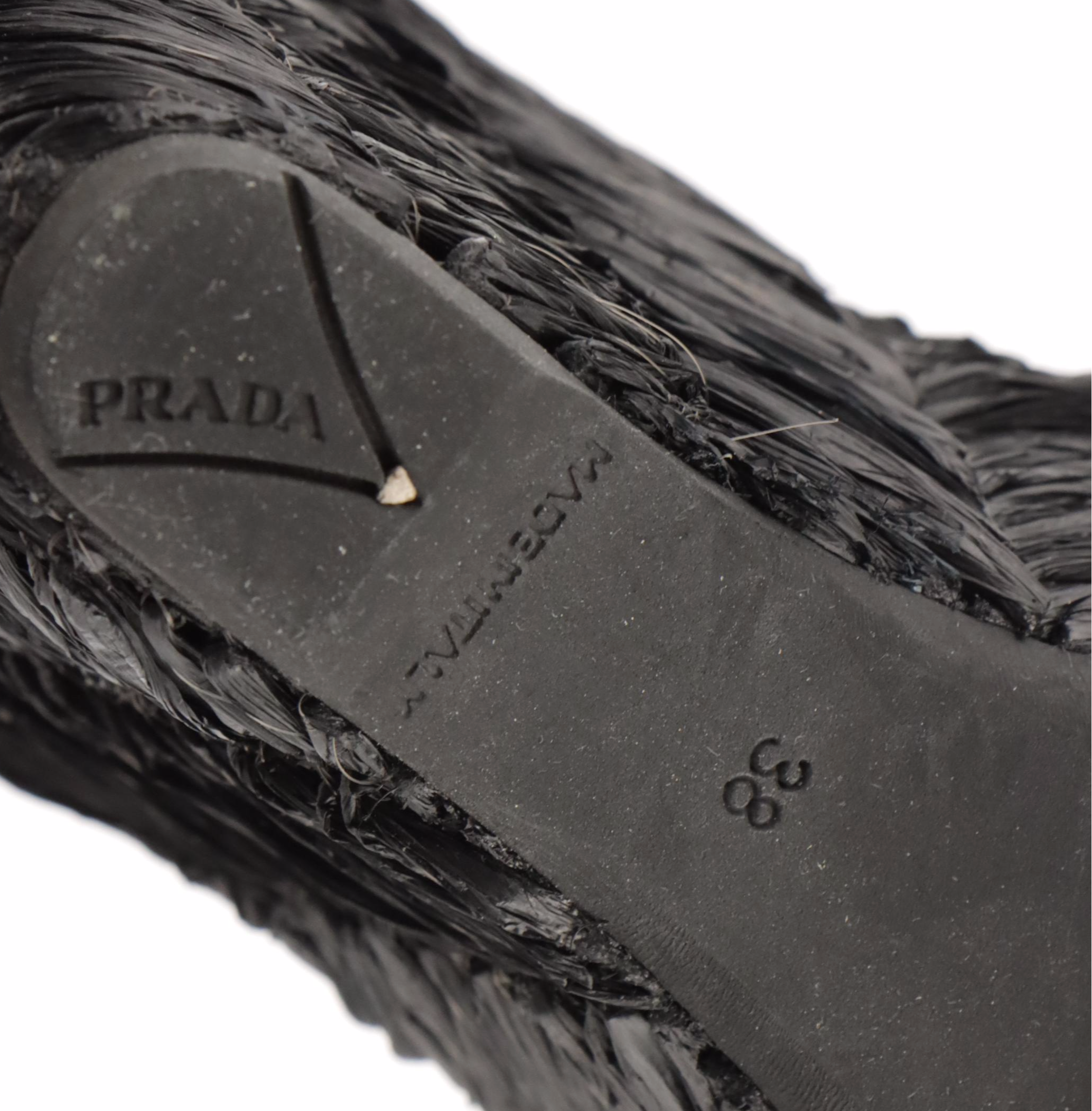 Prada Black Raffia and Snakeskin Leather Wedge Sandals in Box