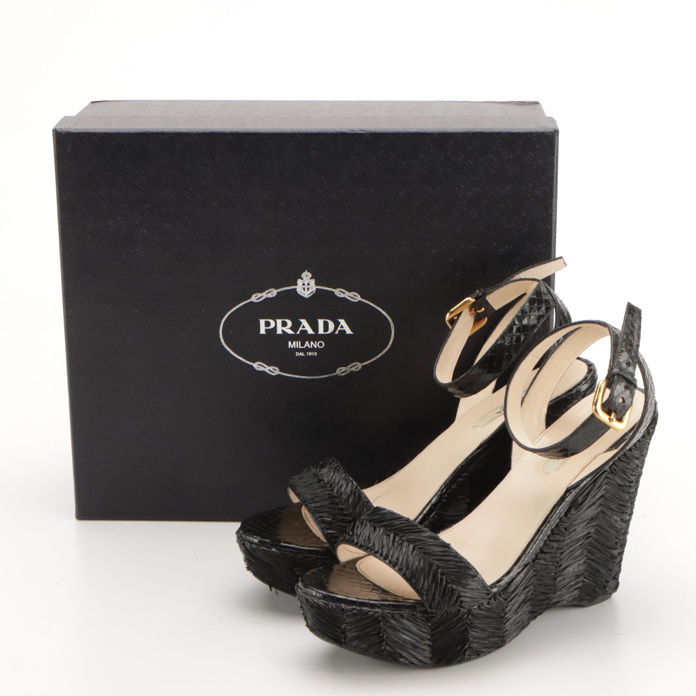 Prada Black Raffia and Snakeskin Leather Wedge Sandals in Box