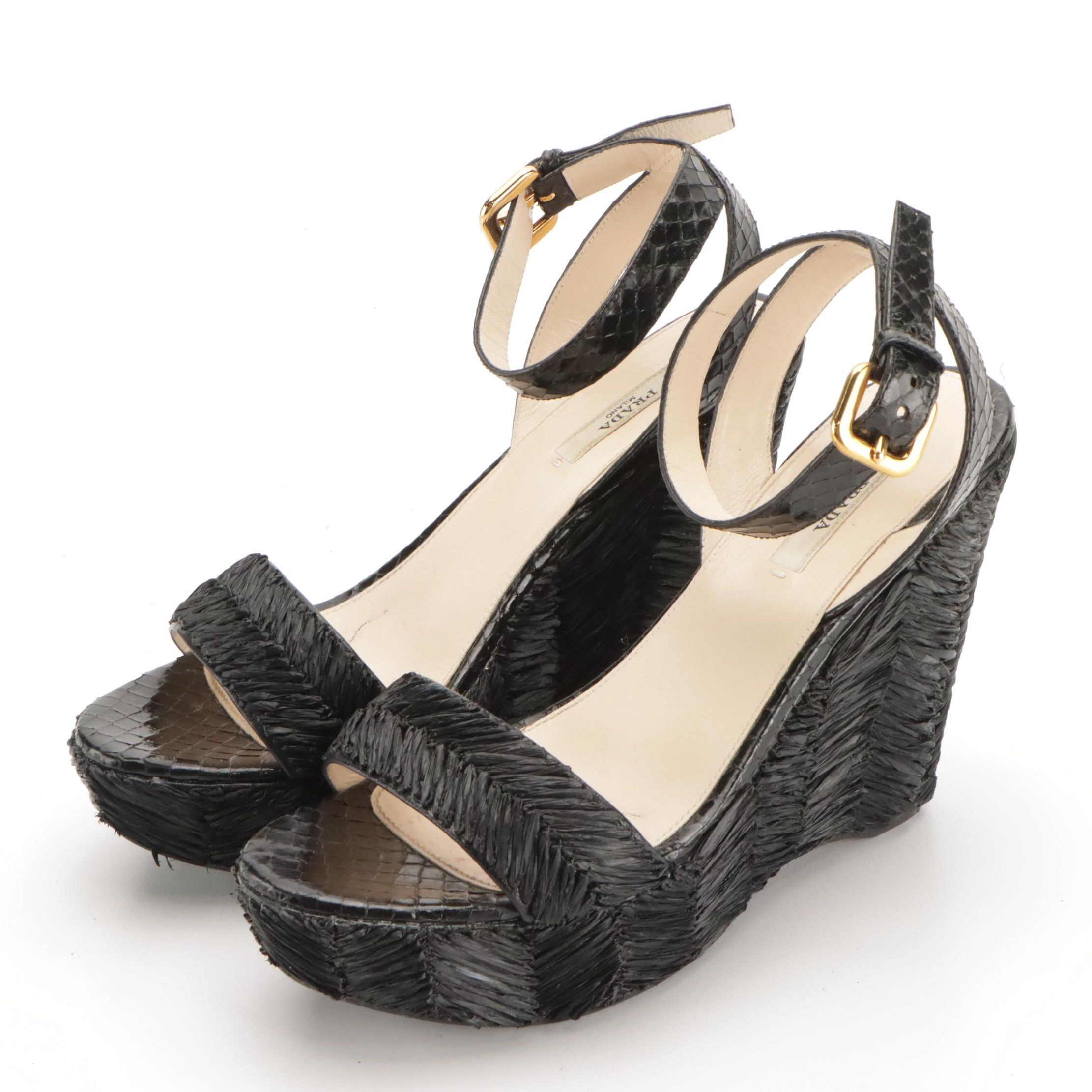 Prada Black Raffia and Snakeskin Leather Wedge Sandals in Box
