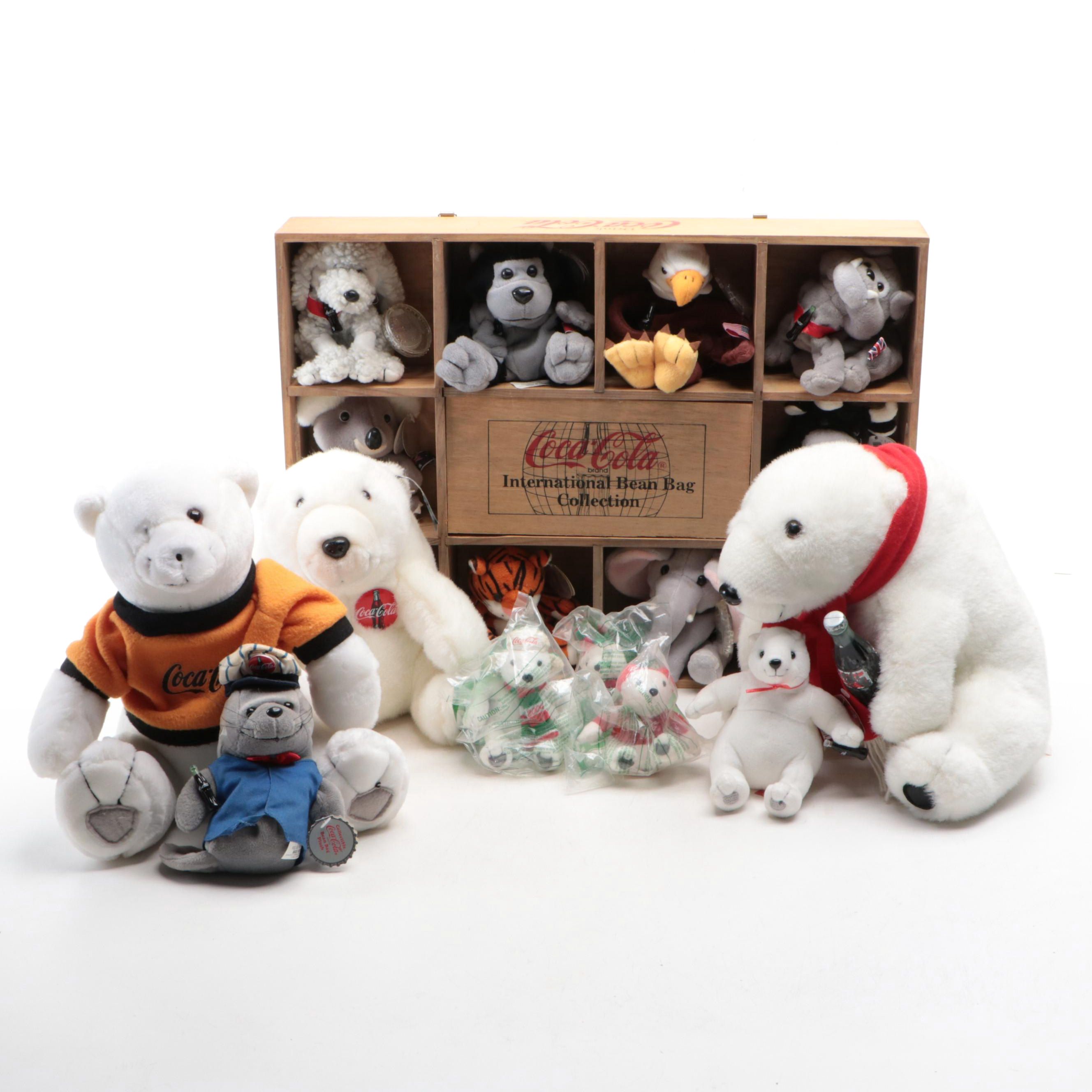 Coca-Cola Stuffed Bears and Other Plush and Beanbag Animals with Display Shelf