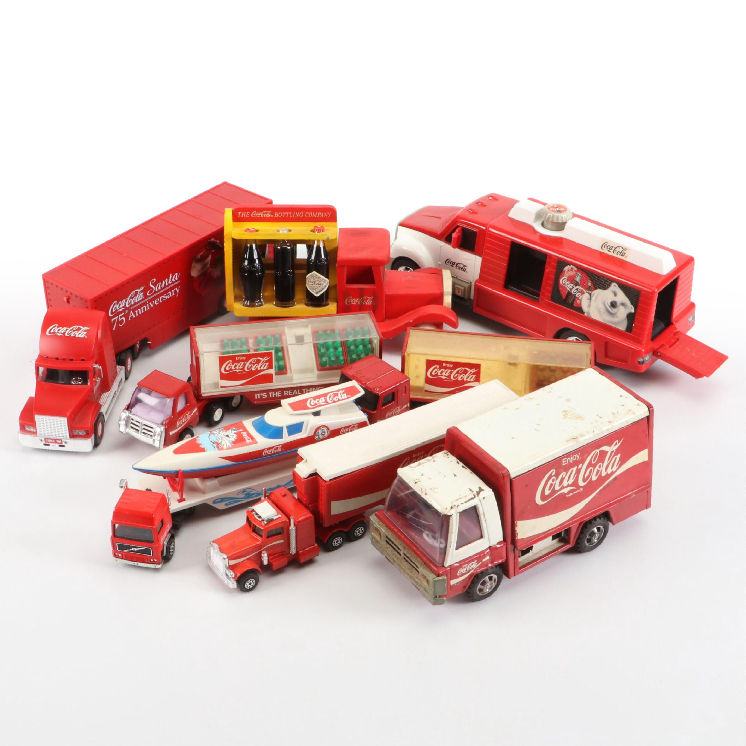 Coca-Cola Diecast Semi-Trucks, Delivery Trucks, Speedboat and Painted Wood Truck