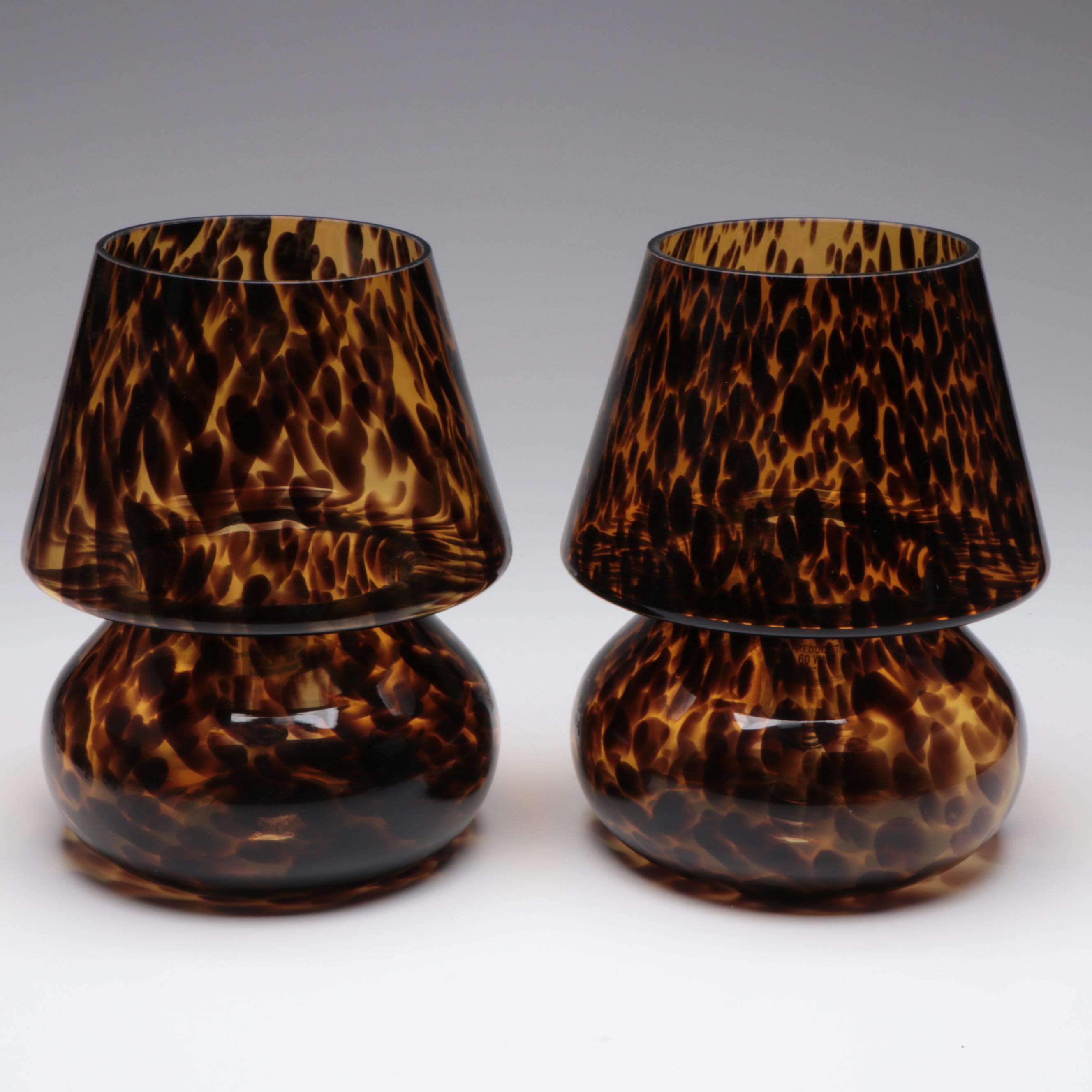 Tortoise Amber Glass Mushroom Table Lamp Pair