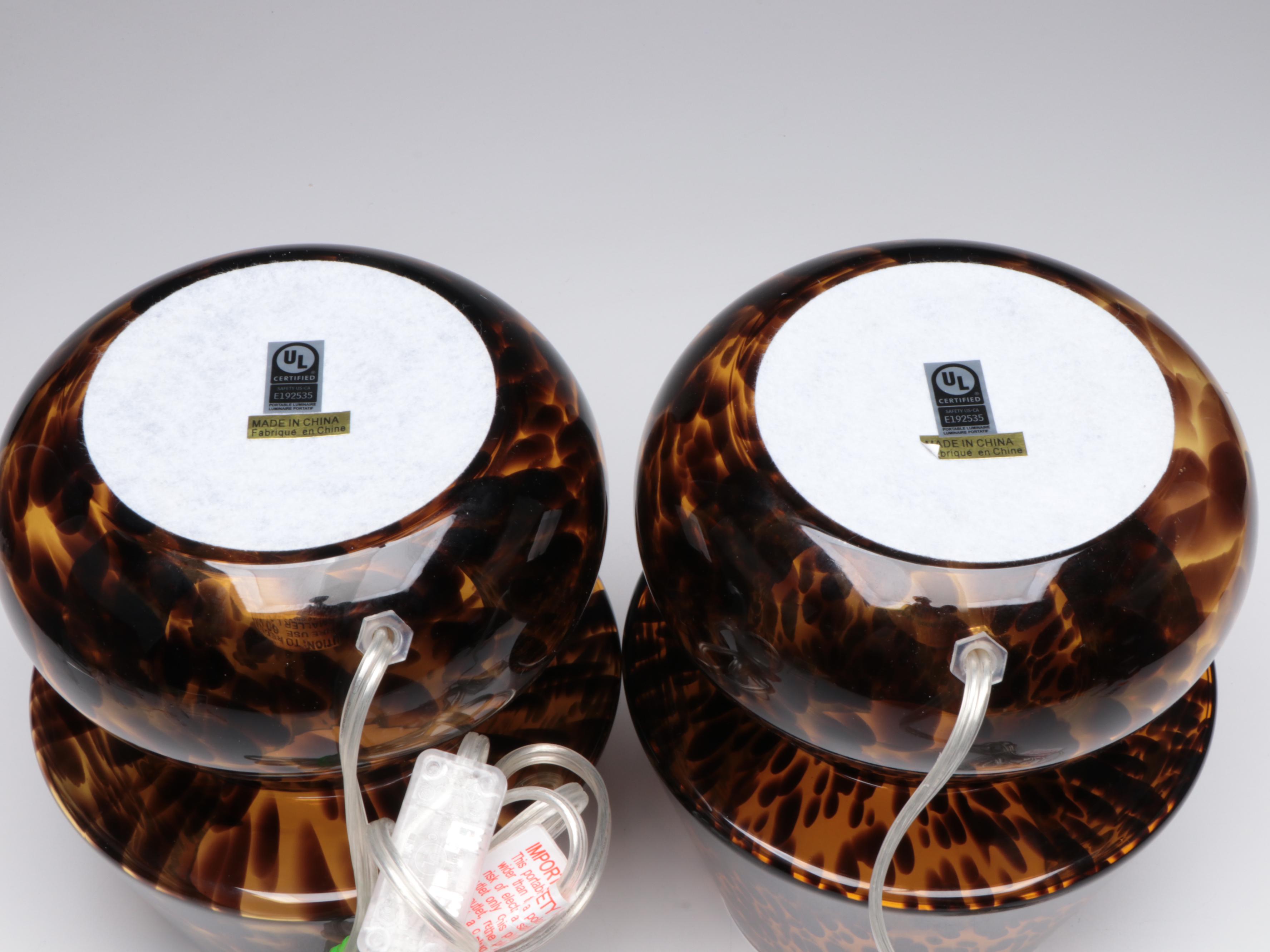 Tortoise Amber Glass Mushroom Table Lamp Pair