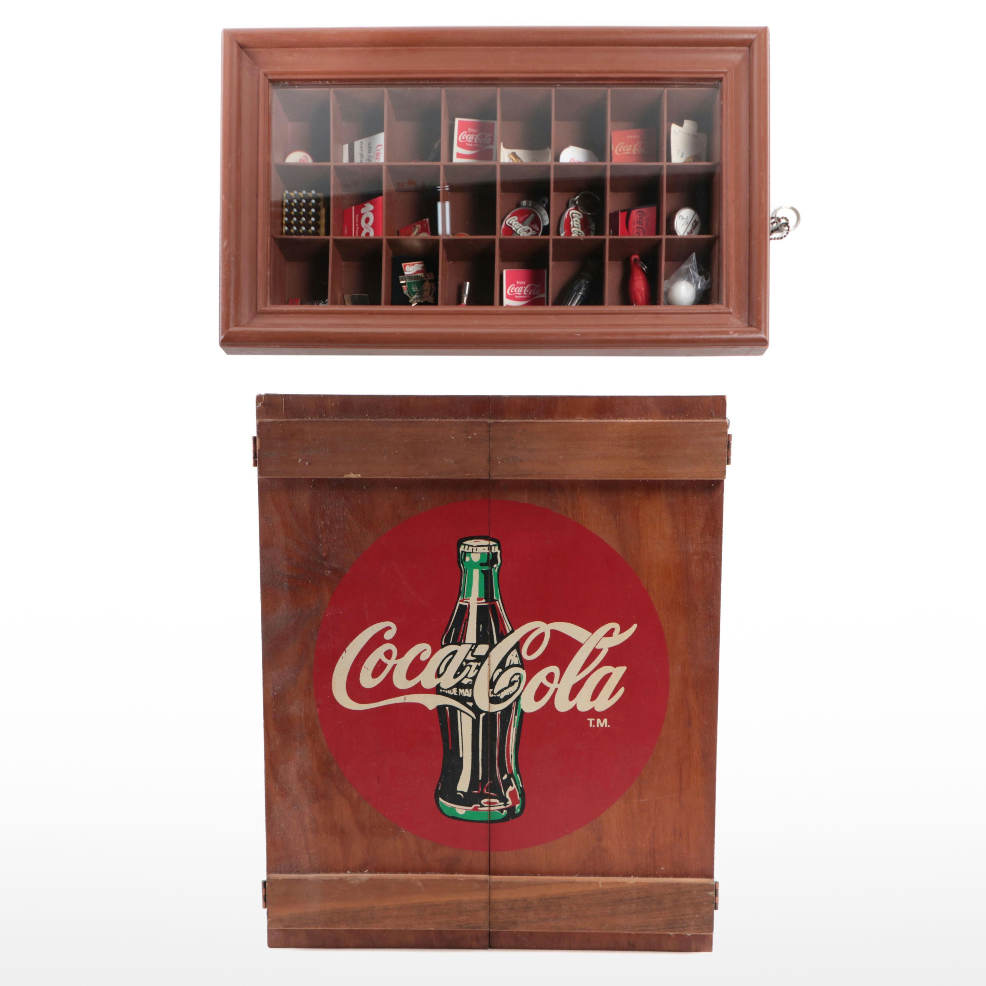 Wood Crate Wall Cabinet with Other Coca-Cola Themed Merchandise in Curio Shelf