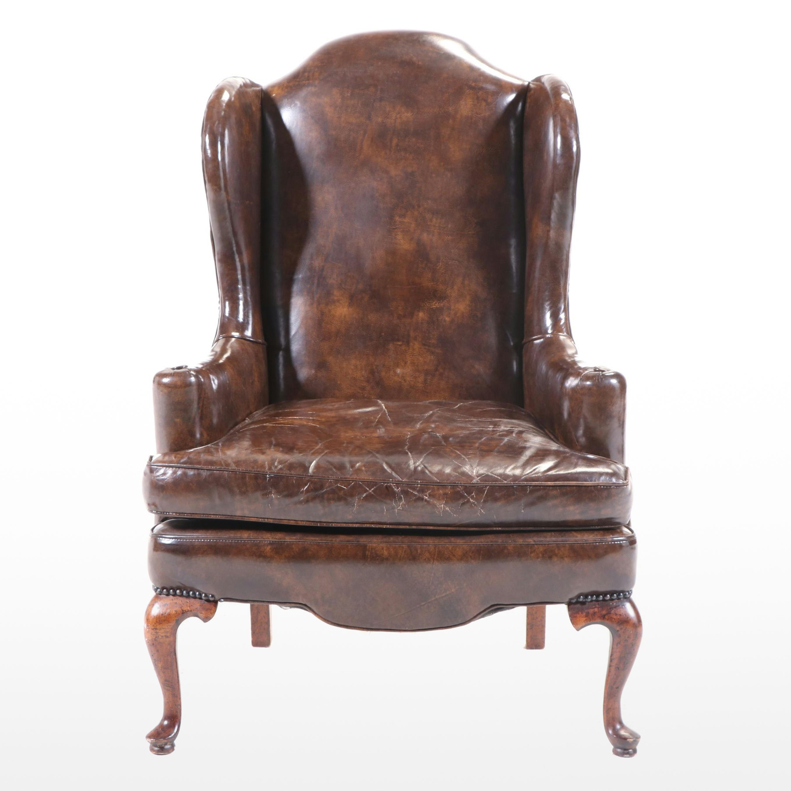 Montgomery Furniture Co. Queen Anne Style Brown Leather Wingback Armchair