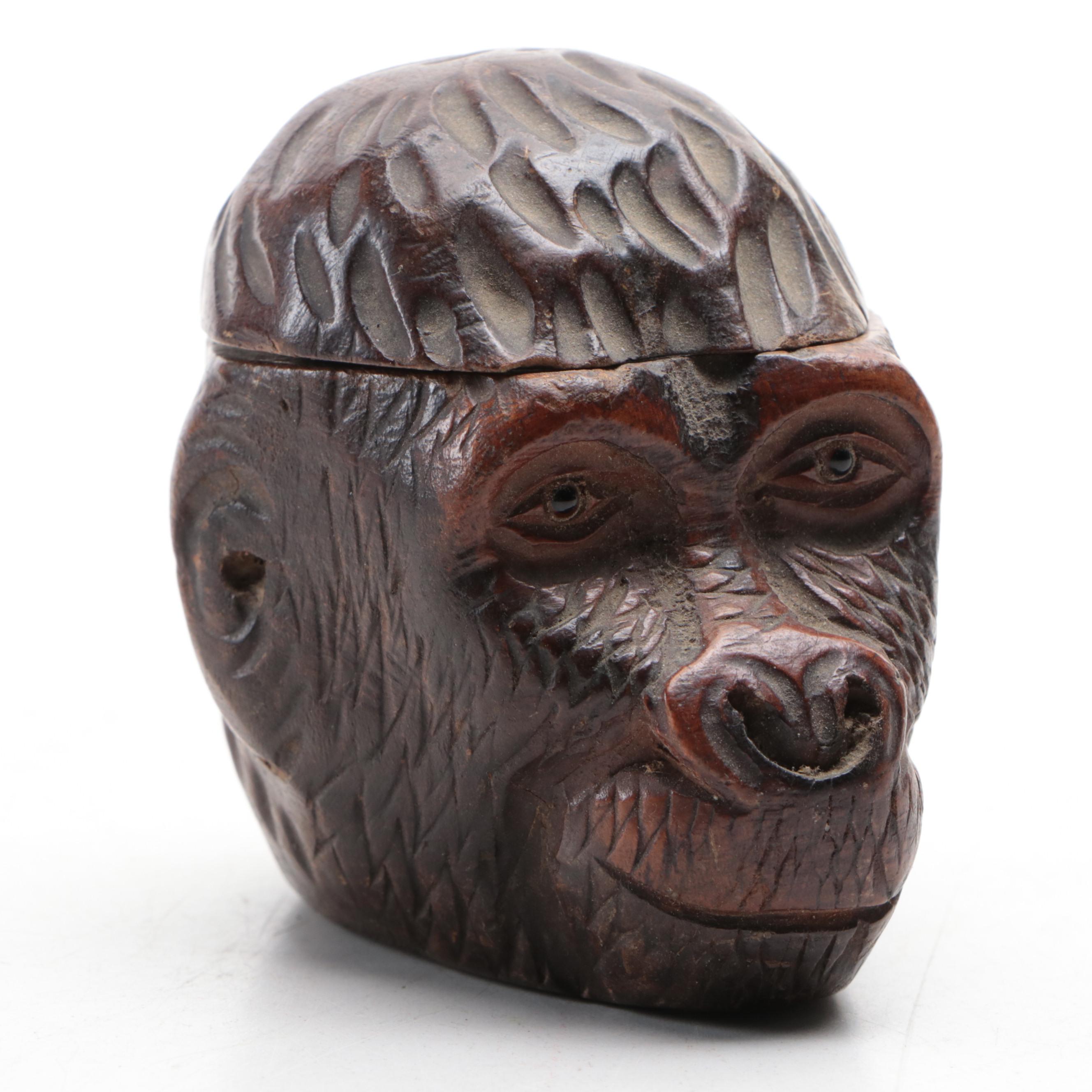Black Forest Type Hand-Carved Wooden Monkey Face Inkwell with Glass Eyes