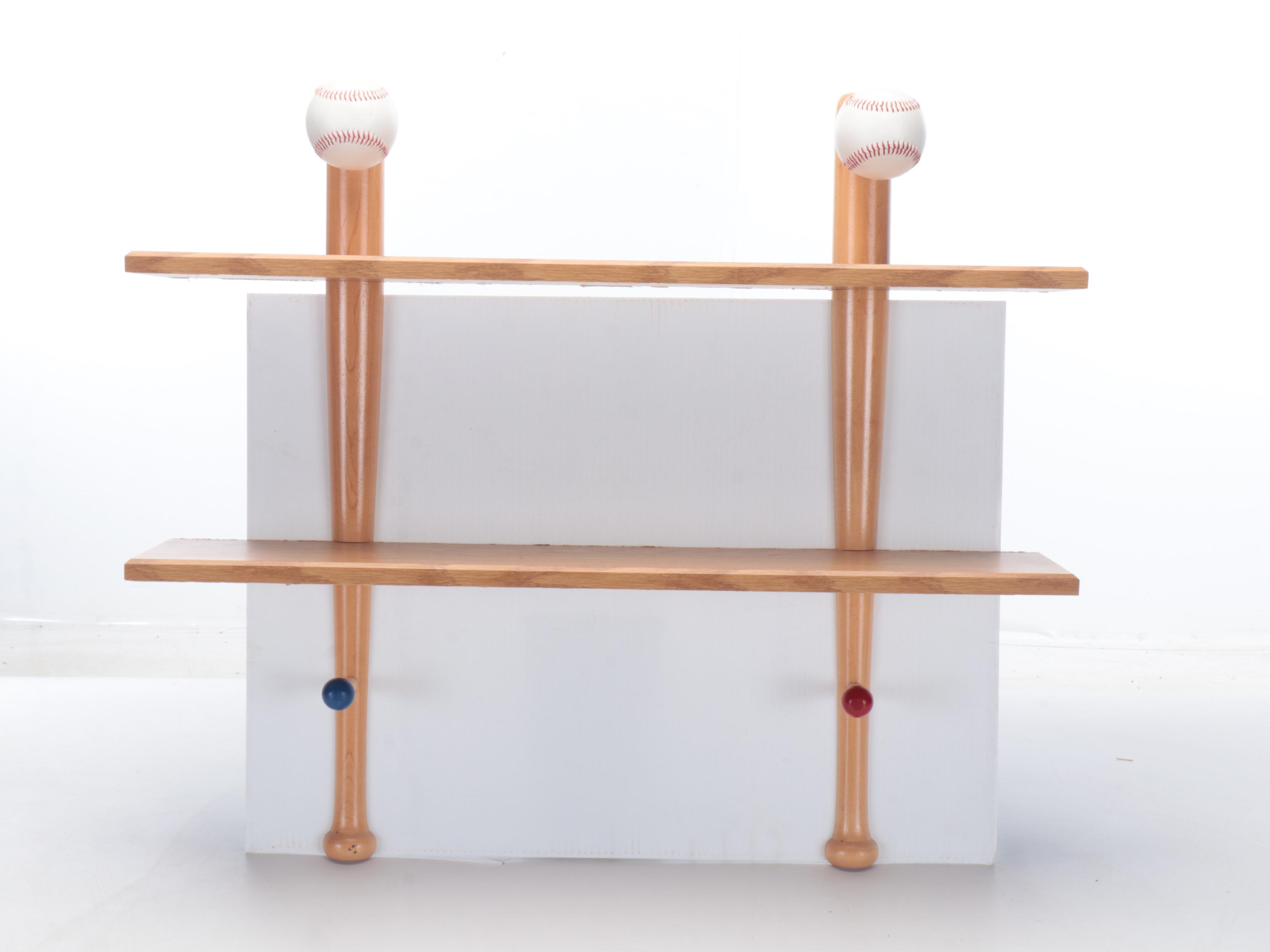 Wooden Baseball and Bat Wall Hanging Shelf with Other Sports Themed Decor