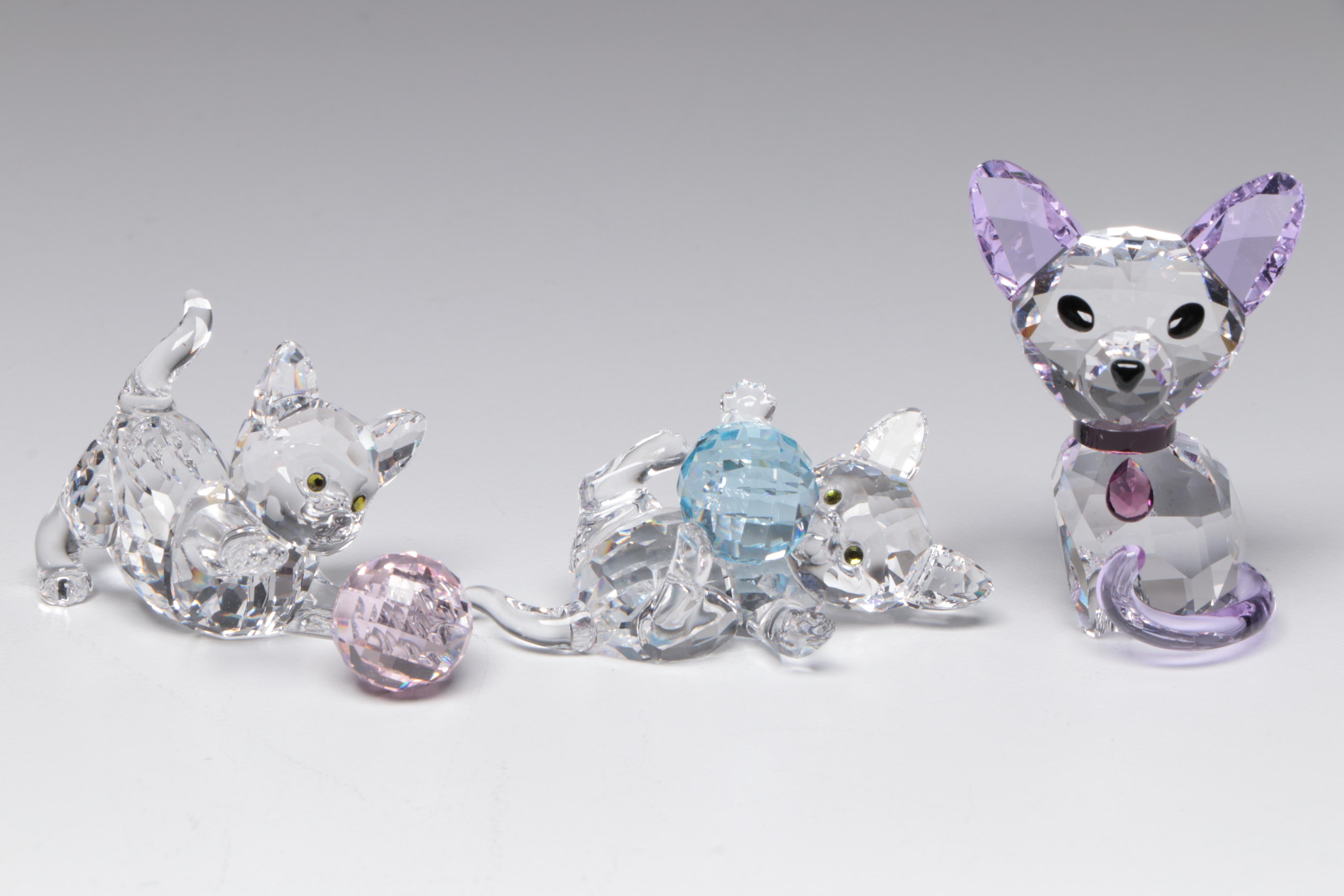 Swarovski Crystal Cat and Dog Figurines with Original Boxes