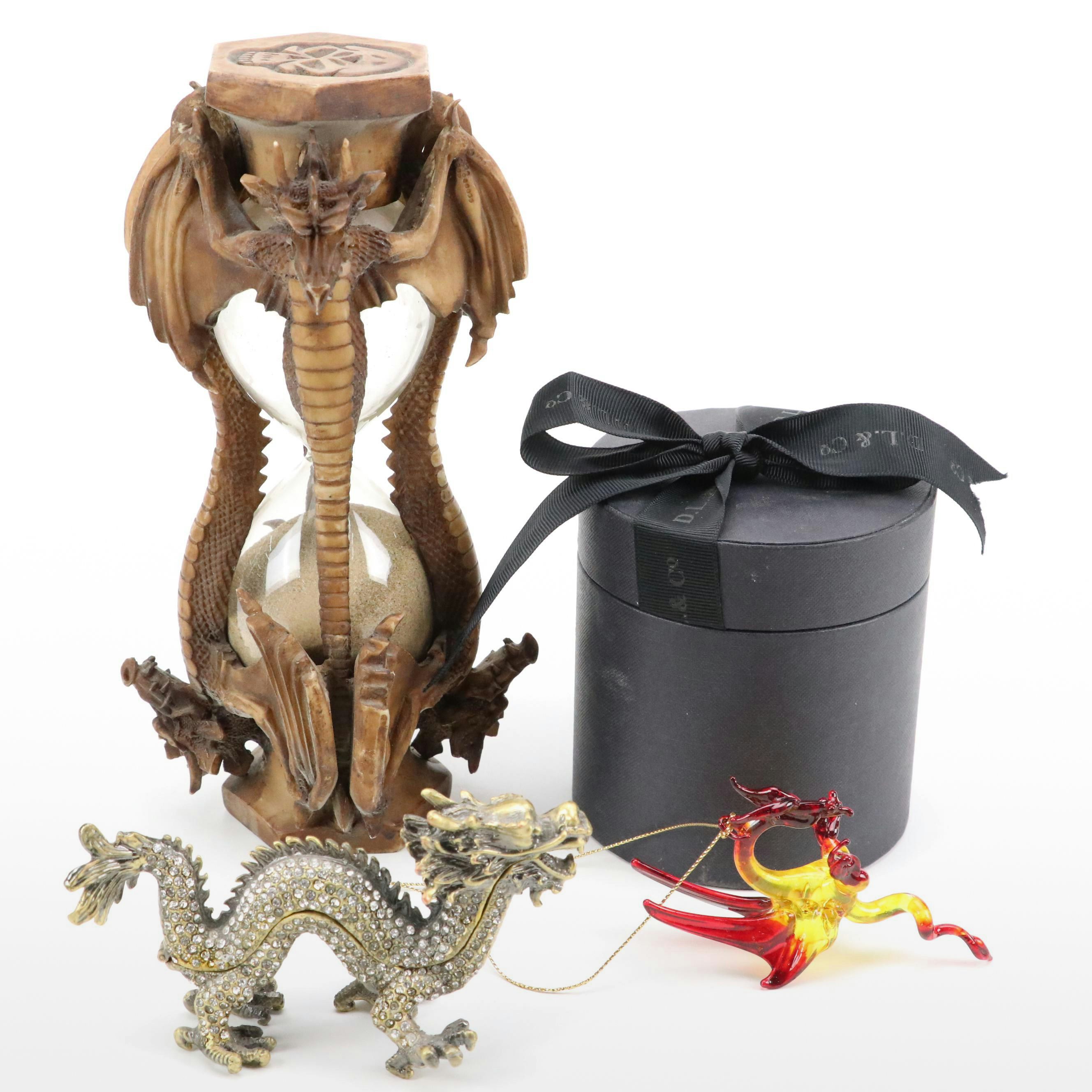 Enameled Metal Dragon Box with Dragon Motif Resin Hourglass and More