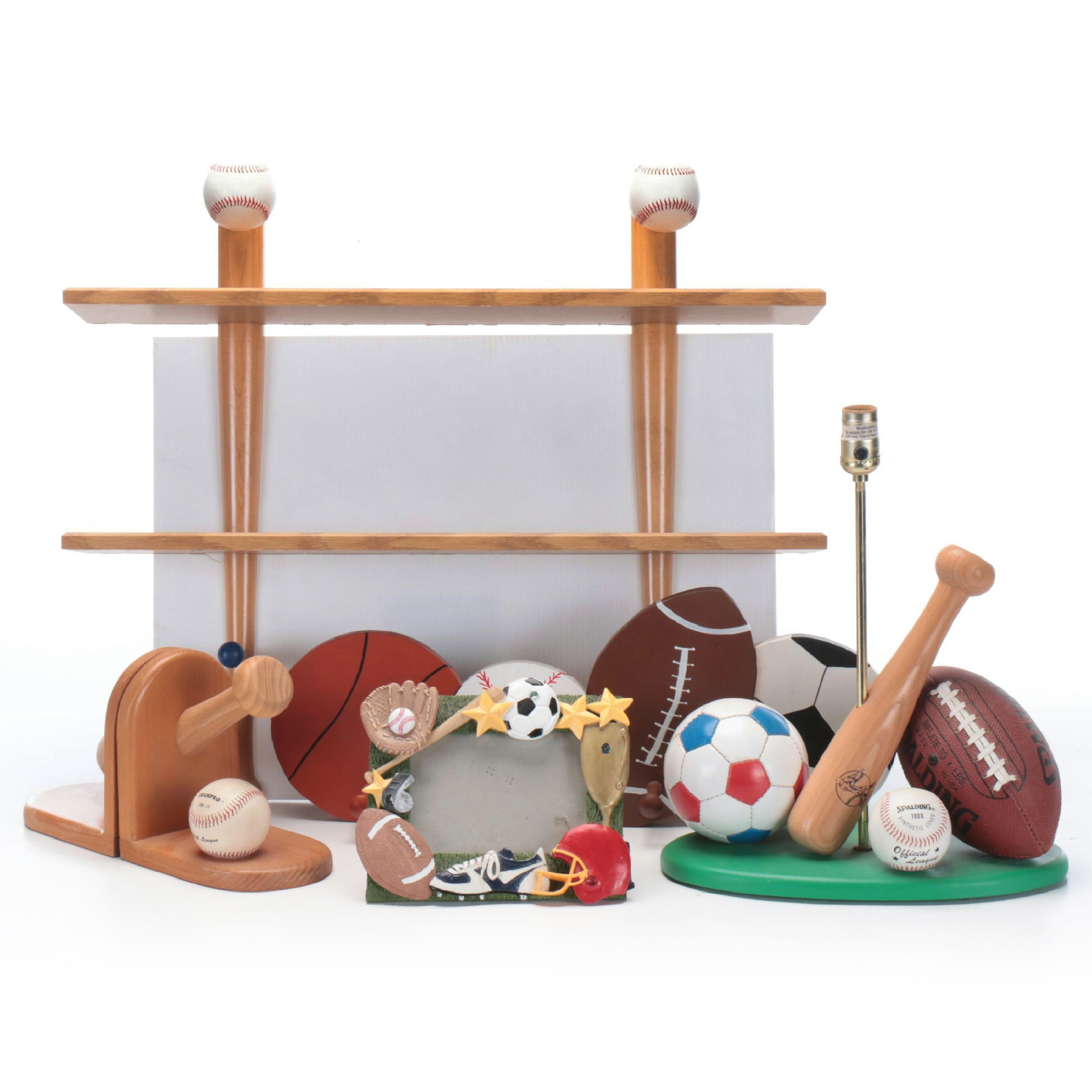 Wooden Baseball and Bat Wall Hanging Shelf with Other Sports Themed Decor
