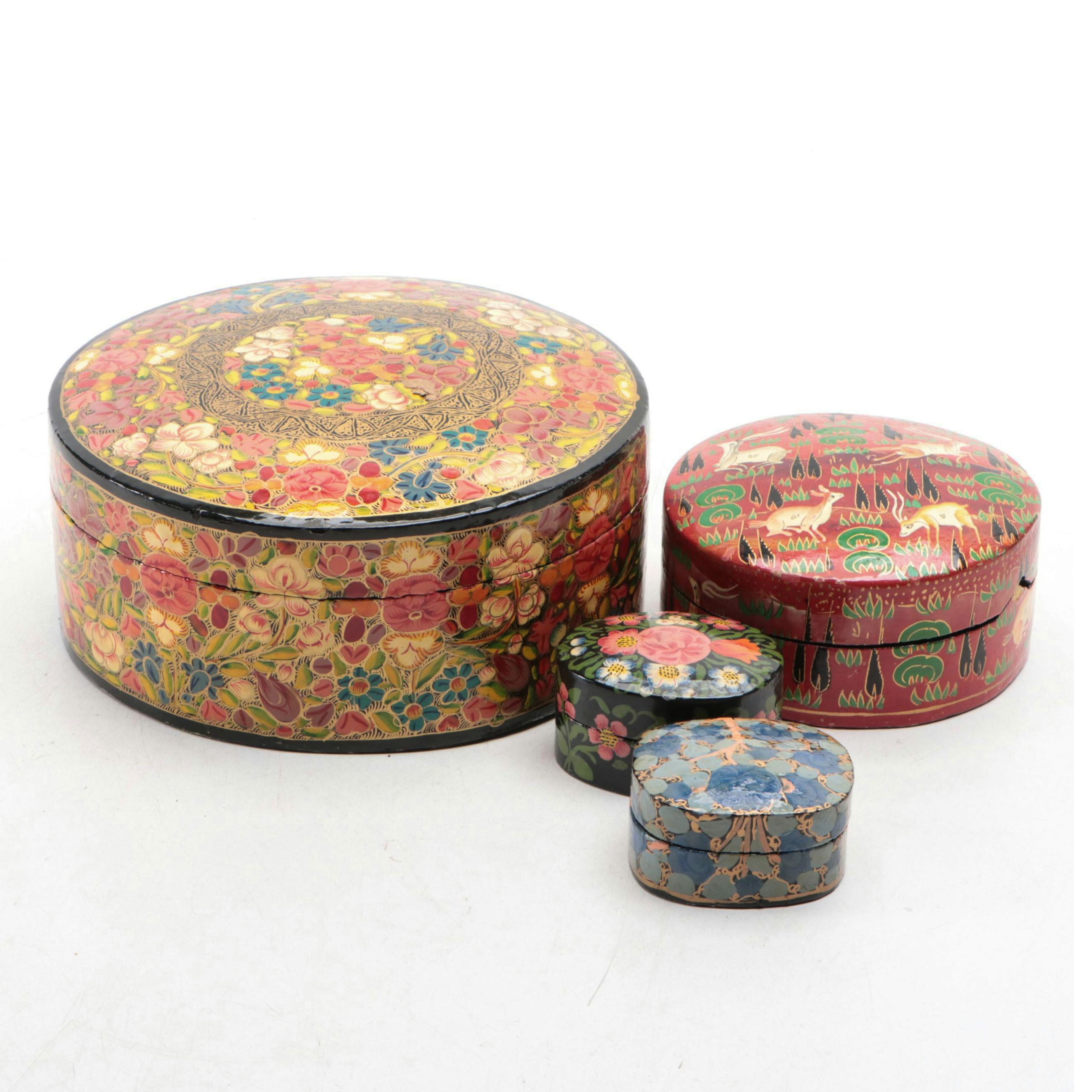 Hand-Painted Indian Lacquerware Boxes, Mid to Late 20th Century