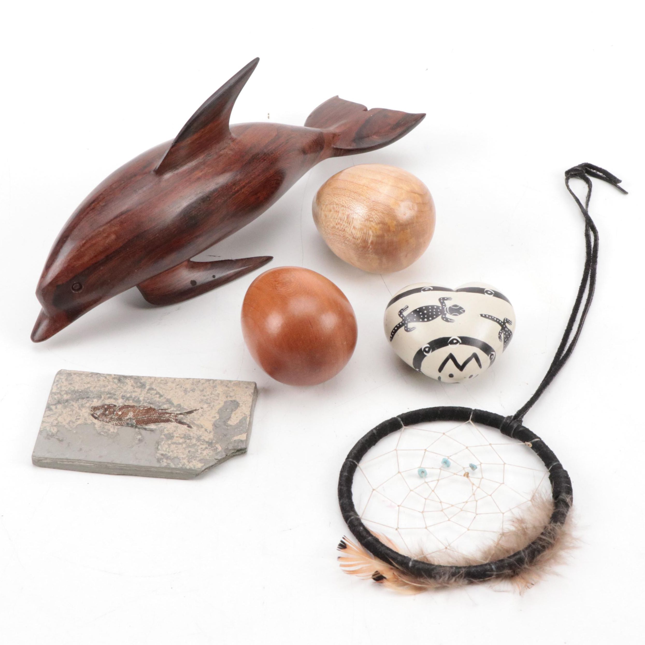 Leather and Feather Dream Snare with Carved Wooden Dolphin, Eggs and