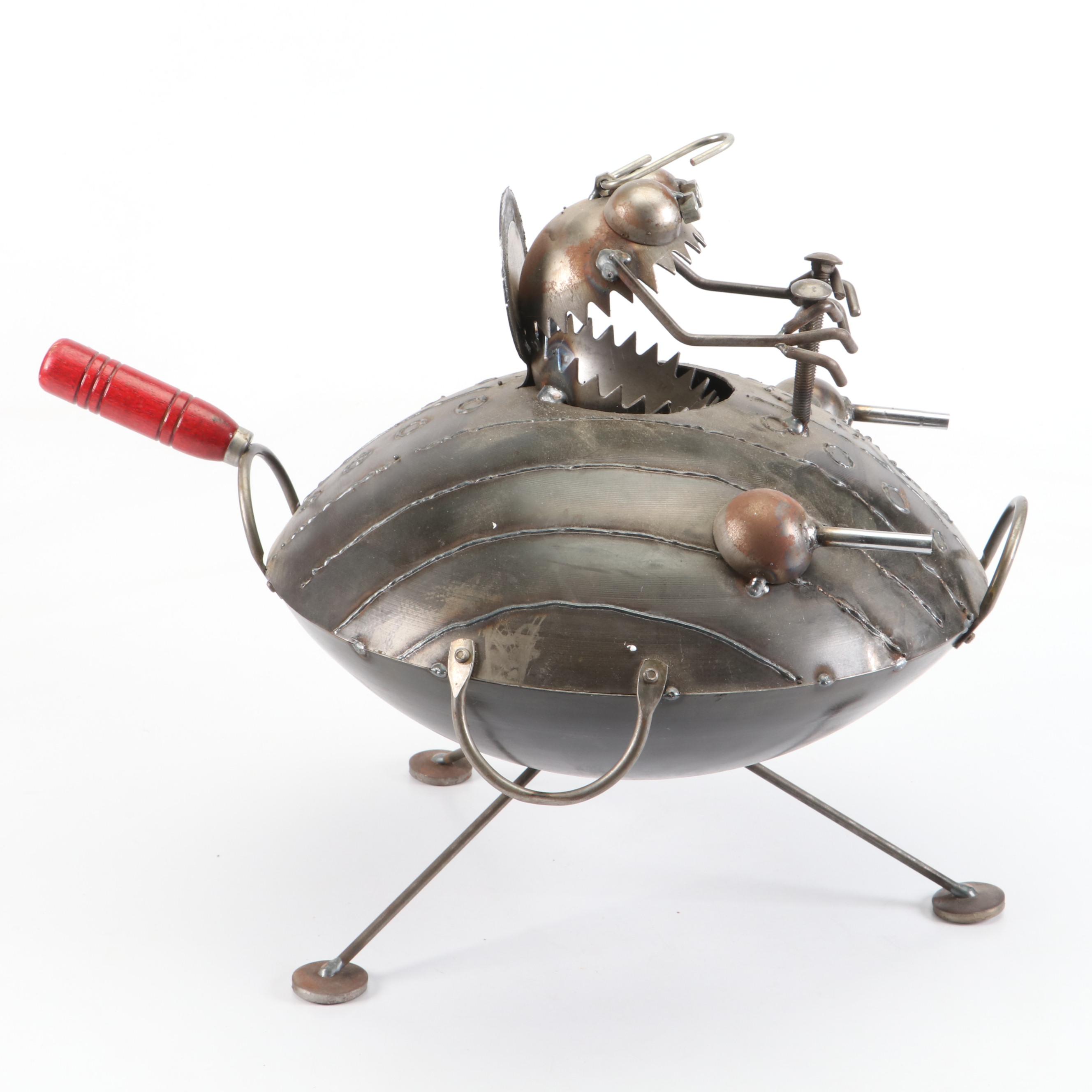 Monstrous Alien Invader in UFO Modified Wok Metal Artwork