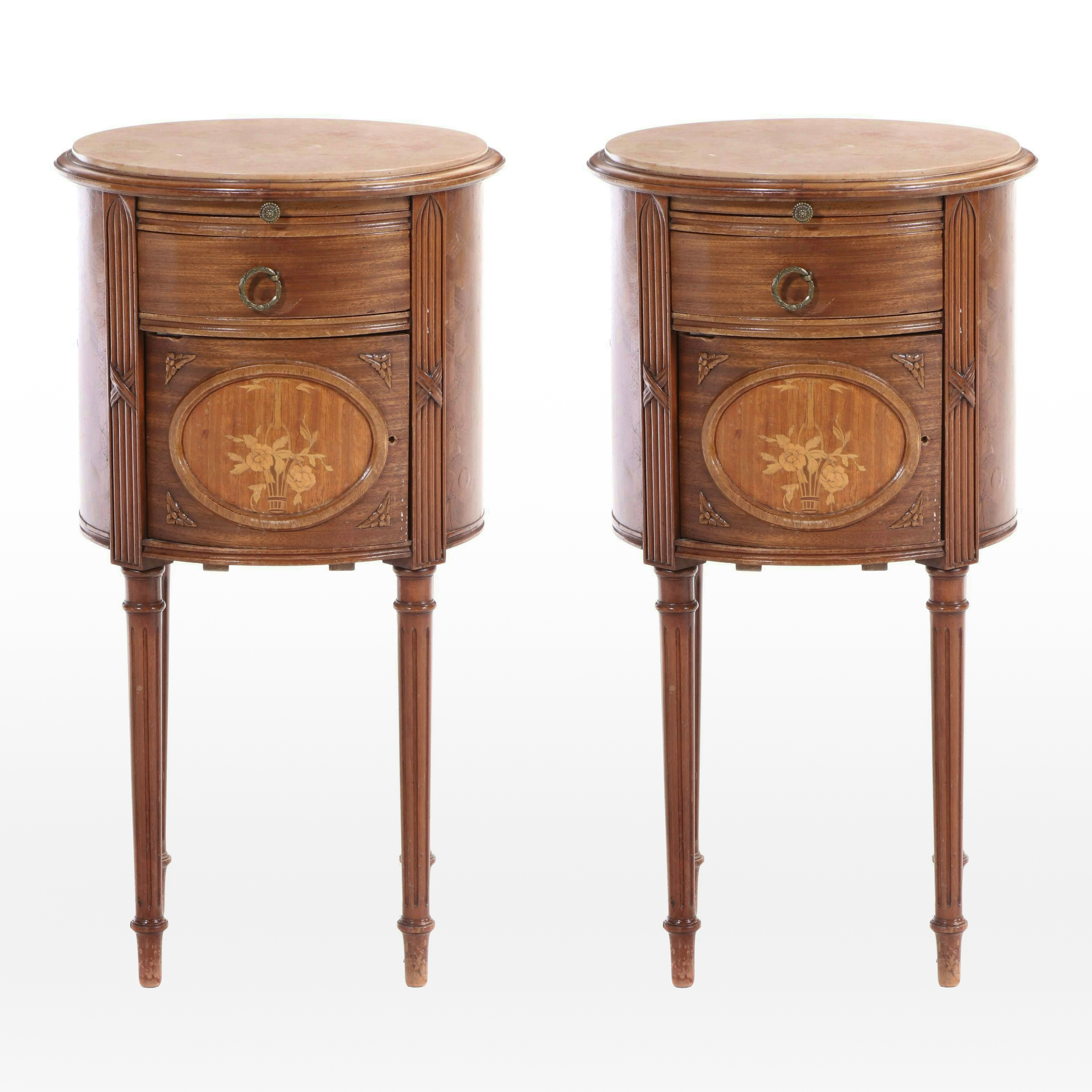 Pair of Louis XVI Style Kingwood, Marquetry, and Marble Top Bedside Tables