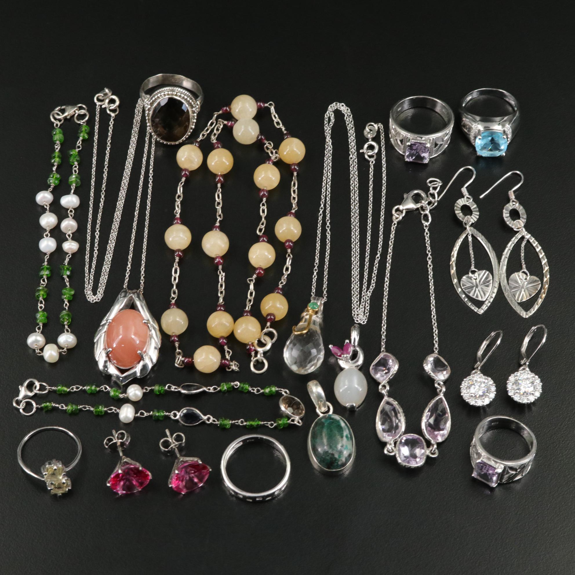 17 Assorted Sterling Silver Bracelets, Earrings, Necklaces, Pendants, and Rings