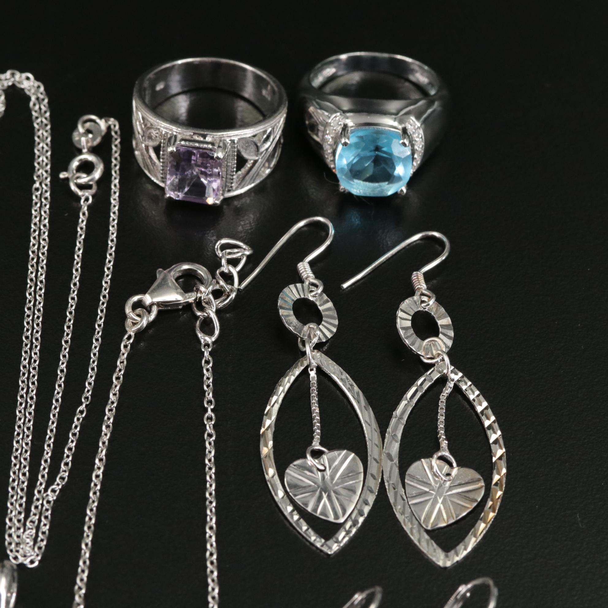 17 Assorted Sterling Silver Bracelets, Earrings, Necklaces, Pendants, and Rings