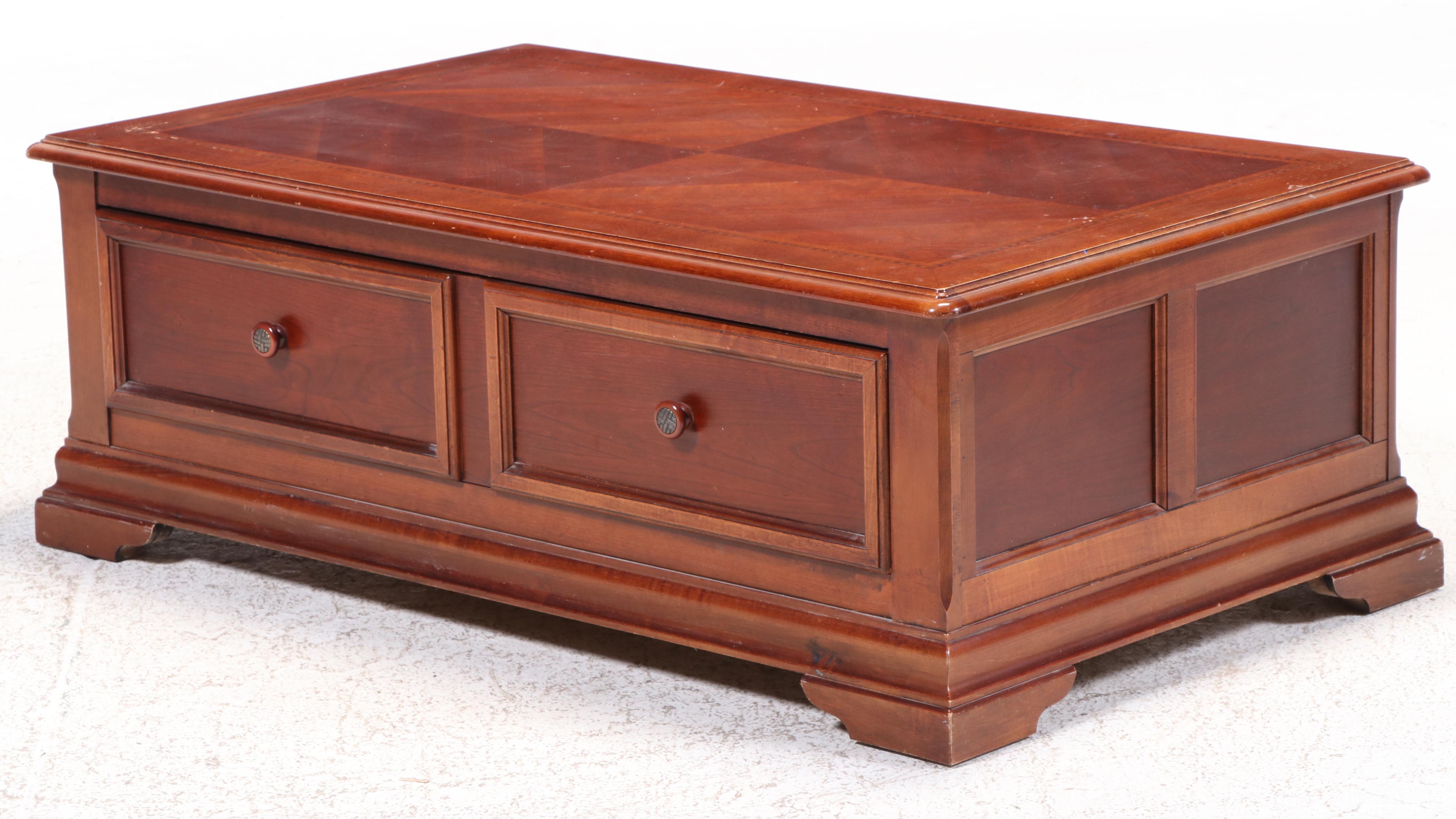 Hammary Cherrywood, Maple, and Line-Inlaid Coffee Table and Side Table