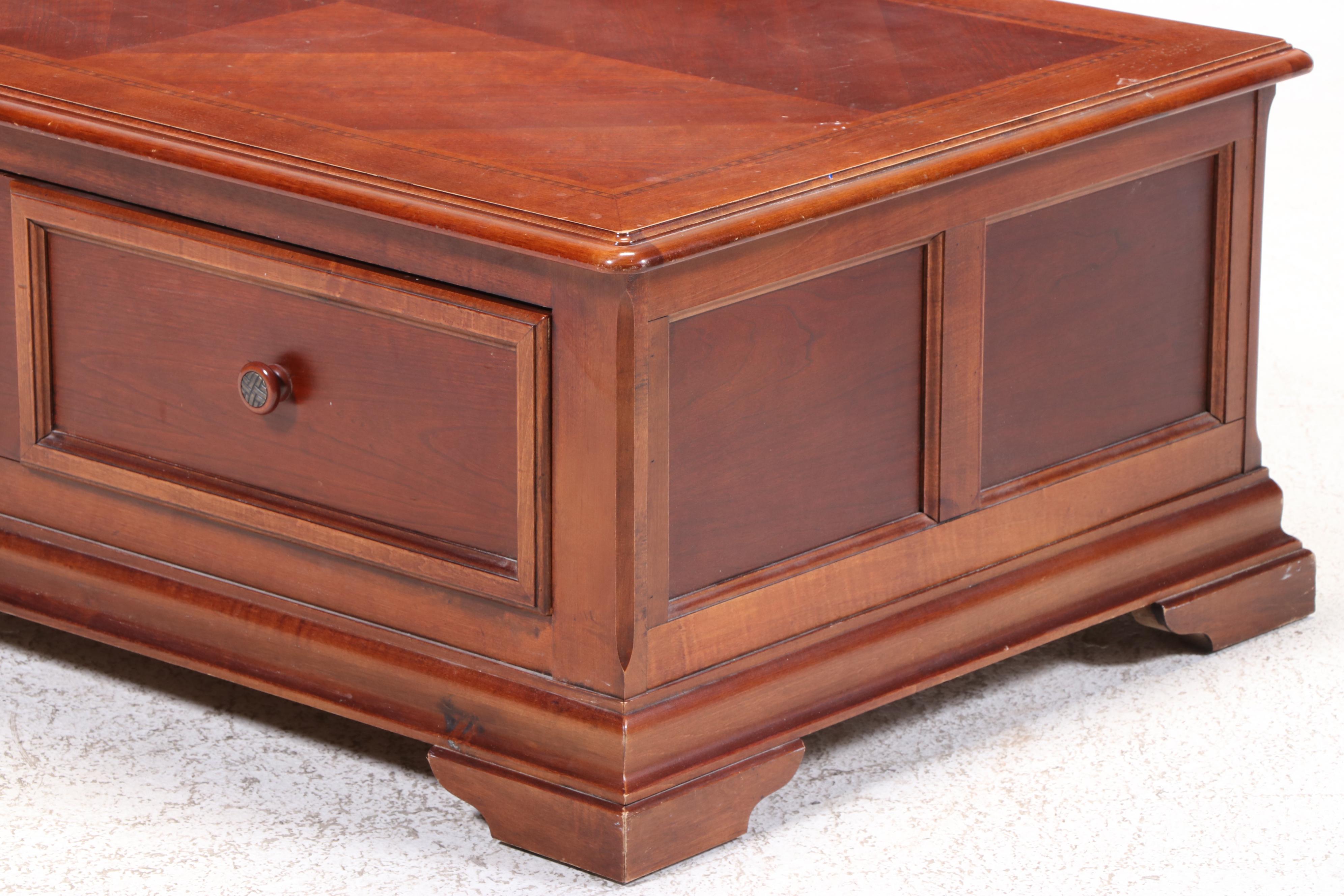 Hammary Cherrywood, Maple, and Line-Inlaid Coffee Table and Side Table