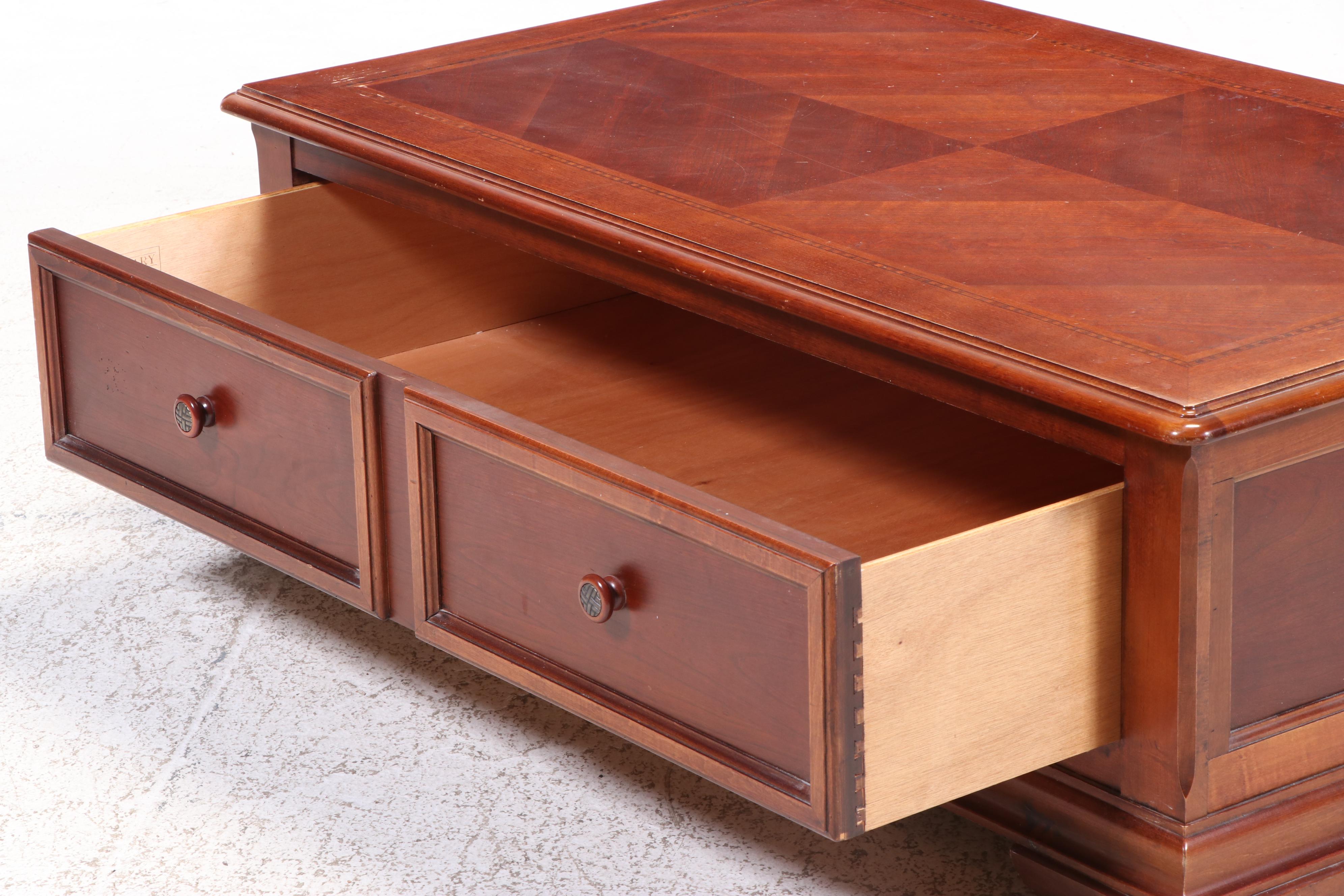 Hammary Cherrywood, Maple, and Line-Inlaid Coffee Table and Side Table