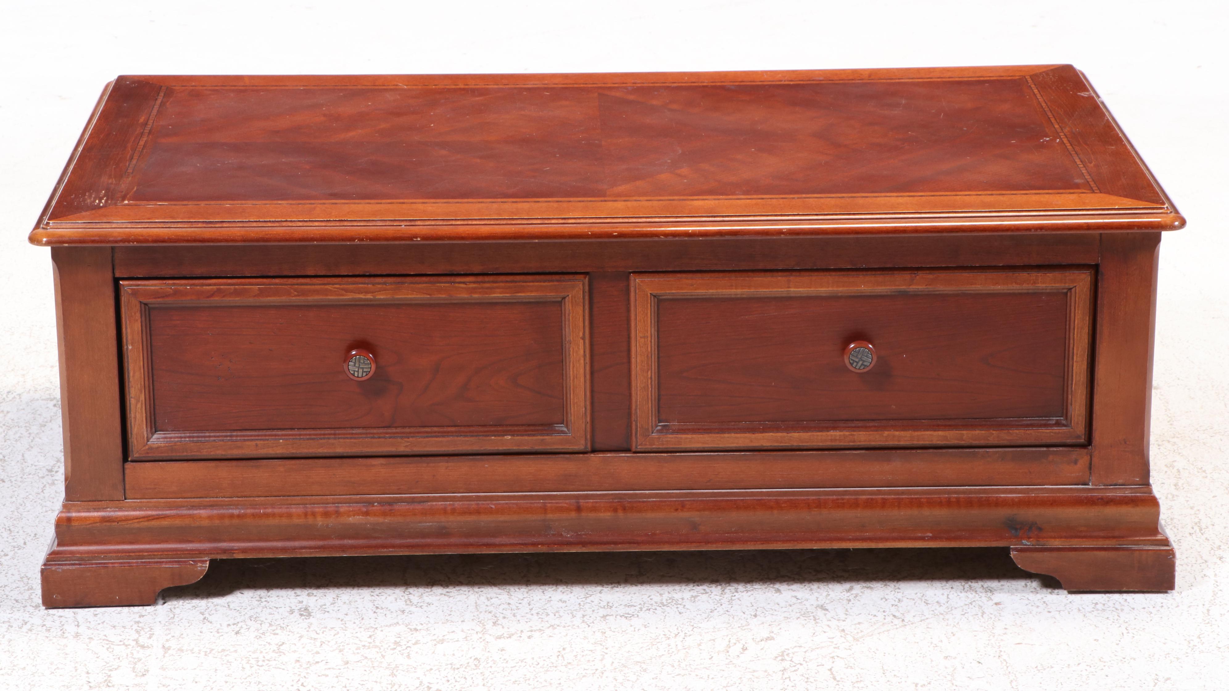 Hammary Cherrywood, Maple, and Line-Inlaid Coffee Table and Side Table